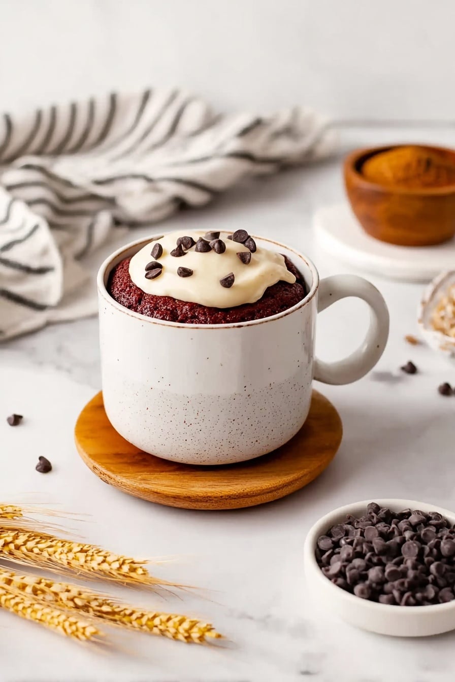 A white ceramic mug with a gray speckled bottom sits on a round wooden coaster placed on a white marbled surface. Inside the mug is a thick reddish-brown cake topped with a layer of creamy white frosting. Small dark chocolate chips are sprinkled on the frosting and around the edge of the mug. To the right of the mug, there is a small white dish filled with dark chocolate chips. In the background, there is a small wooden bowl with brown powder and a white cloth with black stripes. On the left side, there are some dried wheat stalks lying on the white marbled surface. photo taken with an iphone --ar 2:3 --v 7 - Red Velvet Mug Cake, microwave mug cake, quick red velvet dessert, easy mug cake recipe, indulgent single-serving cake