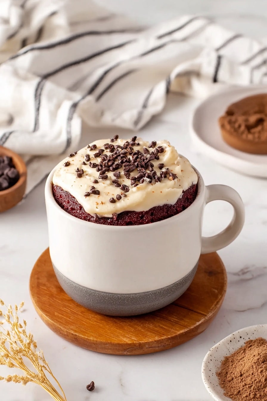A white cup with a dark gray bottom sits on a round wooden coaster, filled with a dark red, soft textured cake. On top of the cake, there is a thick layer of pale cream with small, dark brown chocolate chips sprinkled over it. In the background, there is a white cloth with black stripes and a small wooden bowl with brown powder. The surface is a white marbled texture, with dry wheat stalks and a white plate holding more dark chocolate chips nearby. Photo taken with an iphone --ar 2:3 --v 7 - Red Velvet Mug Cake, microwave mug cake, quick red velvet dessert, easy mug cake recipe, indulgent single-serving cake