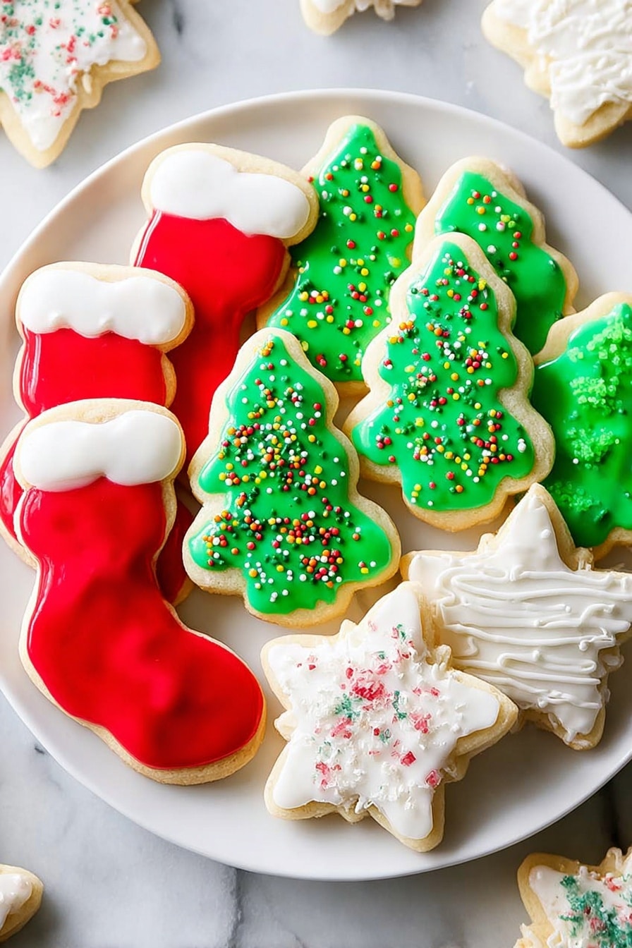 A white plate holds three types of Christmas sugar cookies arranged in neat groups. On the left, five stocking-shaped cookies have a smooth red icing base with a thick white icing layer on top representing the stocking cuff. In the center, six Christmas tree-shaped cookies are covered with bright green icing and decorated with colorful round and star-shaped sprinkles, giving a textured look. On the right, six star-shaped cookies are coated with white icing and sprinkled with white sugar strands and round confetti, adding subtle texture. The plate is placed on a white marbled surface with more tree-shaped cookies scattered lightly around. photo taken with an iphone --ar 2:3 --v 7 - Soft and Chewy Cut Out Sugar Cookies, cut out sugar cookies, chewy sugar cookies recipe, holiday sugar cookies, thick sugar cookies