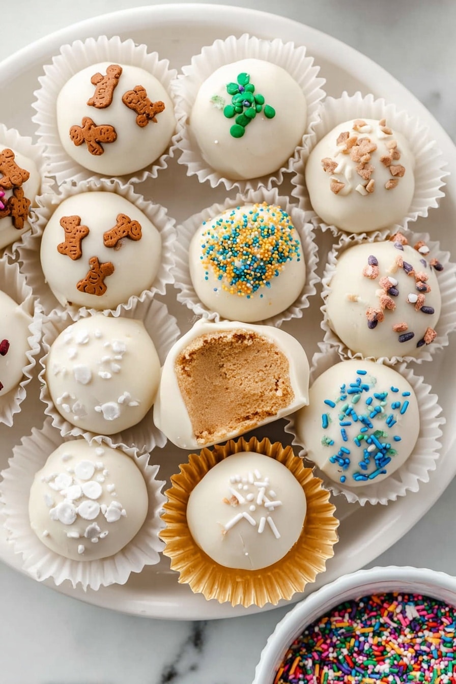 A white plate holds 11 round treats, each covered in smooth white coating. Some treats have colorful sprinkles on top including small gingerbread-shaped, star, and stick sprinkles in various colors like brown, white, green, yellow, blue, and pink. One treat is partly eaten, showing a light brown, smooth inside. Most treats sit in white paper cups, two have shiny gold paper cups. A small white bowl with mixed colorful sprinkles is partly visible at the bottom right corner. All are on a white marbled surface. photo taken with an iphone --ar 2:3 --v 7 - Gingerbread Truffles with White Chocolate, holiday treat recipes, no-bake Christmas desserts, easy gingerbread truffles, festive chocolate truffles