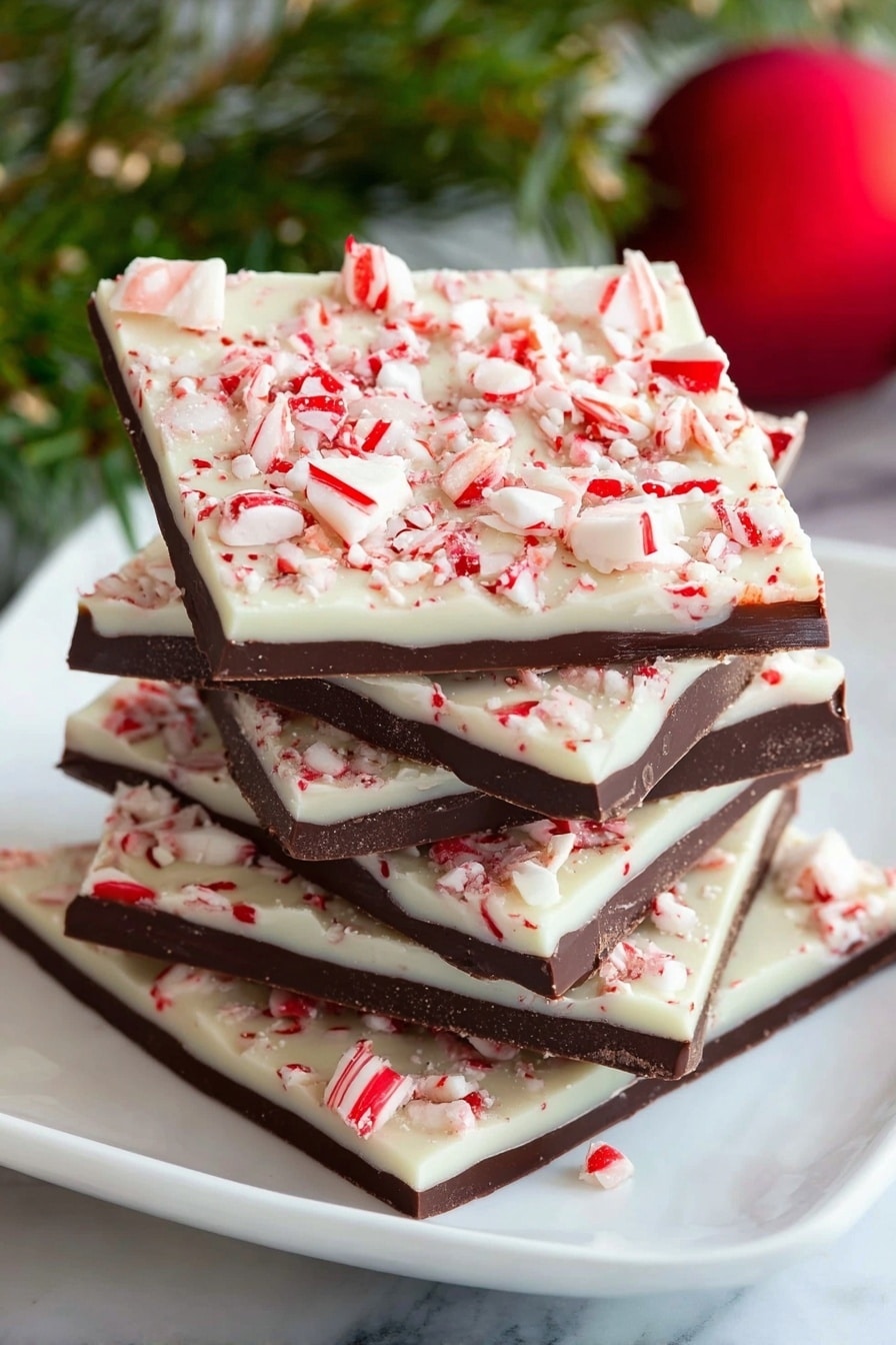 The image shows a stack of five square pieces of peppermint bark on a white plate. Each piece has two main layers: a smooth dark chocolate base that is thick and glossy, and a creamy white chocolate layer on top, which is covered with broken candy cane pieces in white and red stripes. The candy cane pieces vary in size and add a rough, textured look to the top layer. The stack is slightly uneven, making the layers clearly visible. In the background, there is some green pine foliage and a red Christmas ornament, all set on a white marbled surface. photo taken with an iphone --ar 2:3 --v 7 - Easy Peppermint Bark, festive peppermint bark, holiday peppermint bark, chocolate peppermint bark, quick peppermint bark