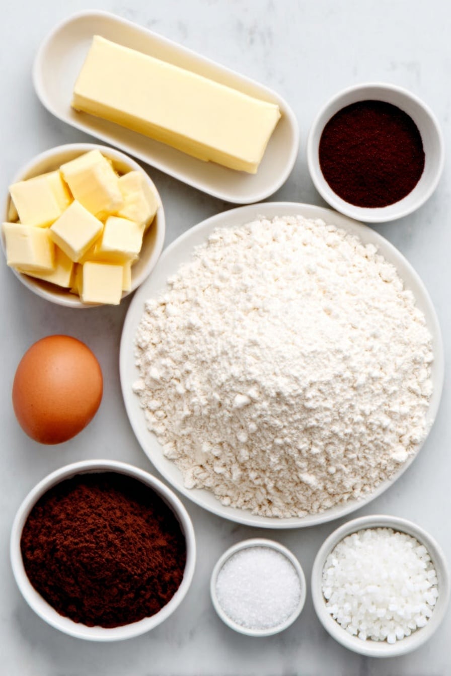 Flat lay of a small mound of all-purpose flour on a simple white ceramic plate, a small white ceramic bowl of granulated sugar, a stick of fresh yellow butter, one whole brown egg with a clean shell, a small white ceramic bowl containing clear almond extract, a small white ceramic bowl of fine baking powder, a small white ceramic bowl of fine salt, and a petite white ceramic bowl filled with colorful sparkling sugar crystals, all arranged with perfect symmetry and balanced proportions, placed on a clean white marble surface, soft natural light, photo taken with an iPhone, professional food photography style, fresh ingredients, white ceramic bowls, no bottles, no duplicates, no utensils, no packaging --ar 2:3 --v 7 --p m7354615311229779997 - Butter Spritz Cookies, Classic Butter Spritz Cookies, Spritz Cookie Recipe, Butter Cookie Shapes, Christmas Spritz Cookies