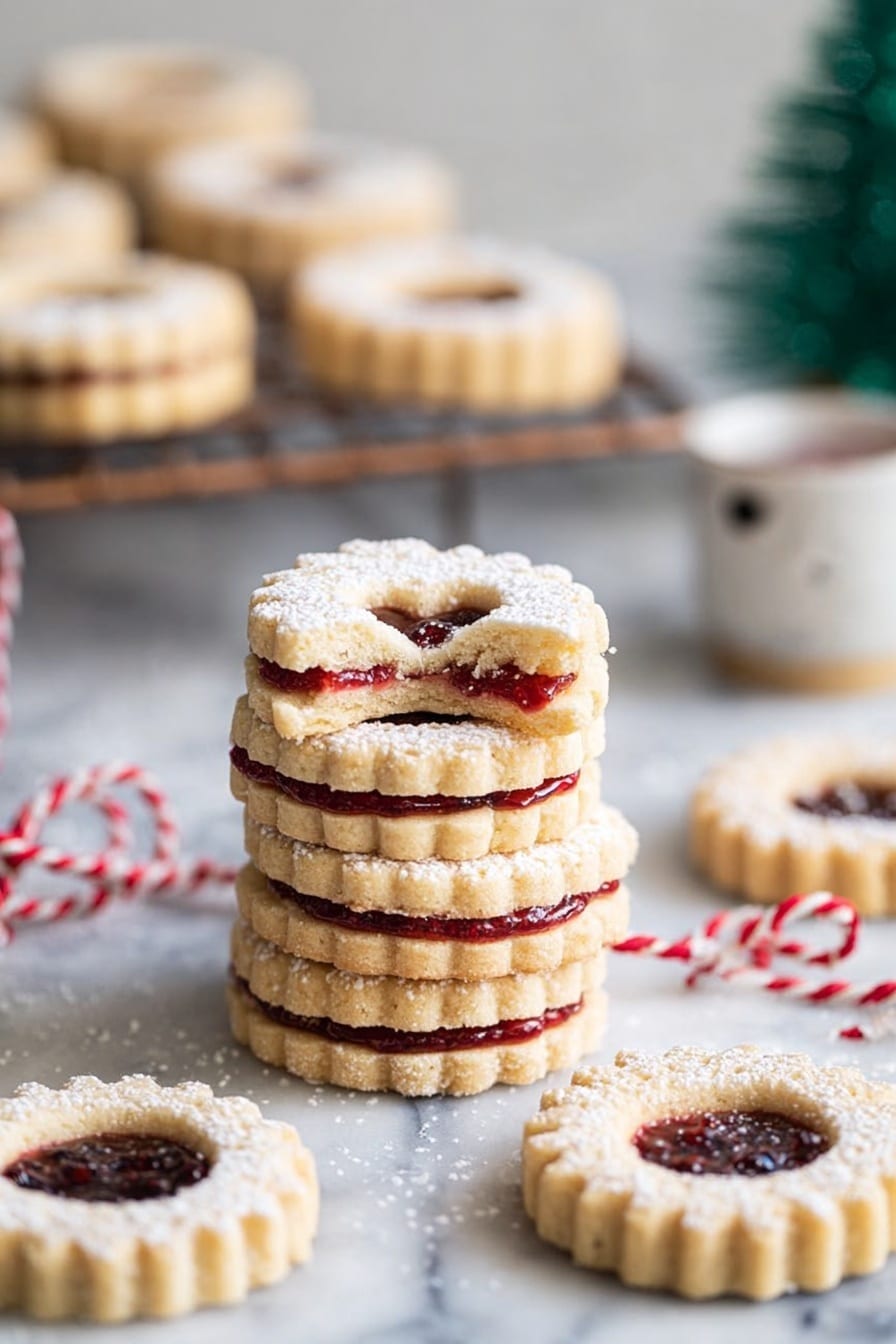 A stack of four round, light golden cookies with scalloped edges sits on a white marbled surface, each cookie having a layer of red jam in the middle, visible in the cookie on top that has a bite taken out of it. The top cookie has a small heart-shaped window revealing the jam inside, with powdered sugar dusted over all. Around the stack are several more identical cookies scattered flat, some showing the red jam through the heart cutout in the middle. In the background, more cookies rest on a brown cooling rack on the white marbled surface, and a small white cup with a black inside detail is slightly out of focus. A red and white twisted string is looped loosely on the surface near the cookies. A small blurred green Christmas tree decoration is visible in the background. The overall setting has bright, soft lighting. photo taken with an iphone --ar 2:3 --v 7 - Easy Raspberry Linzer Cookies, raspberry linzer cookies, how to make linzer cookies, holiday cookie recipes, buttery jam cookies