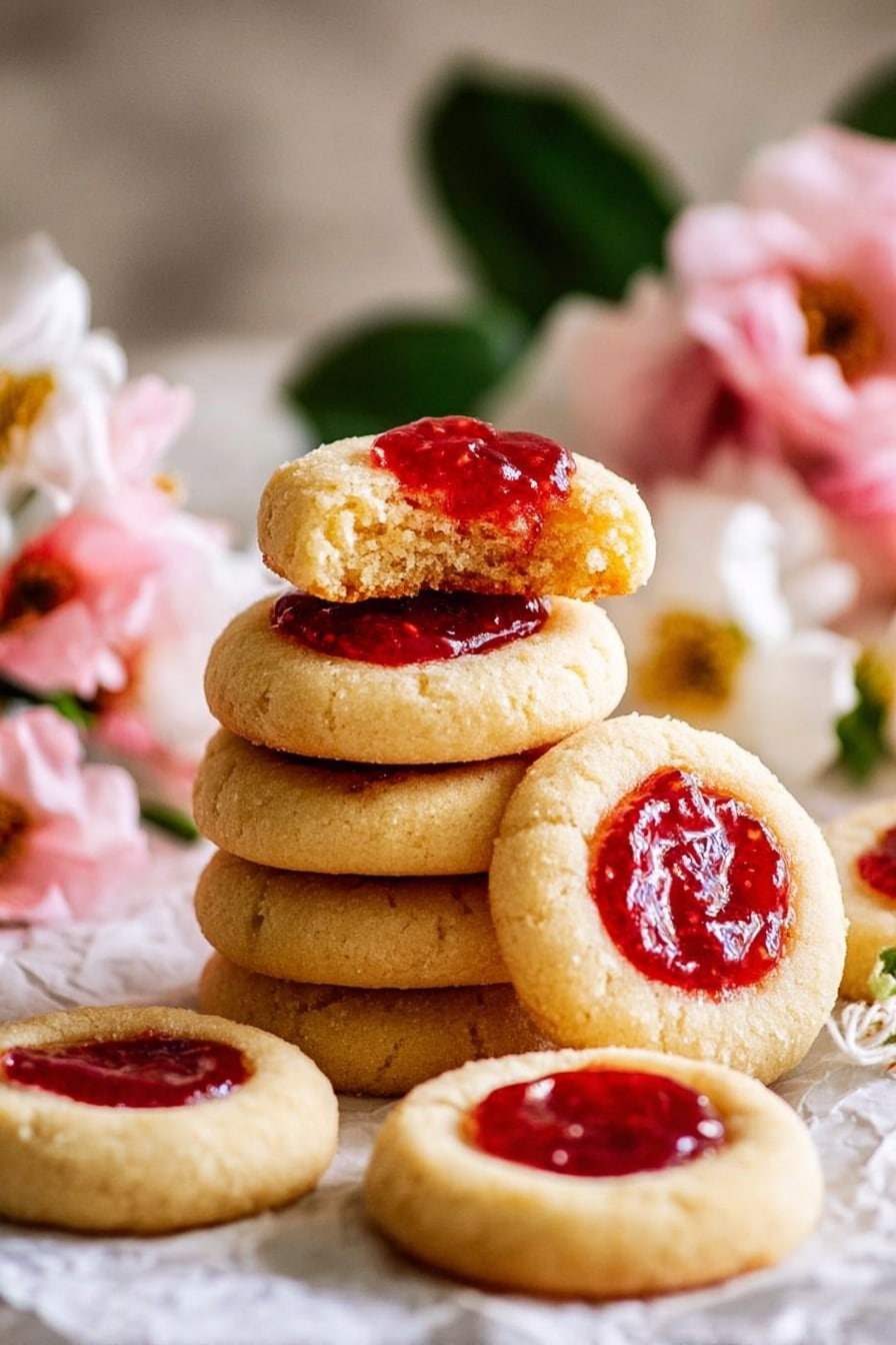 The image shows round thumbprint cookies placed on a white marbled surface. Each cookie has one layer of pale yellow dough with a smooth texture, and a hollow center filled with bright red jam that looks glossy and slightly thick. A silver spoon held by a woman's hand is gently dropping the jam into the center of one cookie, adding a shiny finish to the filling. The cookies are arranged irregularly but spaced apart on the surface. photo taken with an iphone --ar 2:3 --v 7 - Jam Drop Cookies with Strawberry Filling, strawberry jam cookies, thumbprint cookies with jam, baked jam-filled cookies, classic strawberry thumbprint cookies