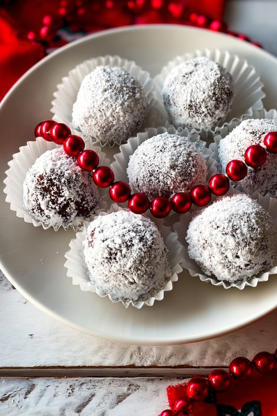 Seven round chocolate balls covered in a layer of white powdered sugar are placed inside white paper cupcake holders on a white plate. The chocolates have a rough texture visible beneath the sugar coating. A short string of small, shiny red beads crosses over the chocolates, adding a bright contrast. The plate is set on a white marbled surface that looks smooth and clean. Photo taken with an iphone --ar 2:3 --v 7 - Festive Rum Balls, holiday rum ball recipe, boozy holiday treats, no-bake Christmas desserts, easy holiday candy