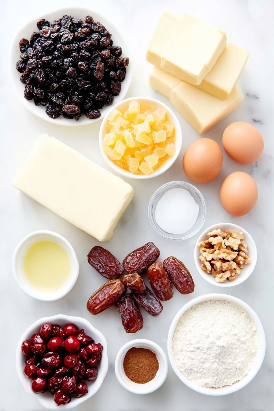 Flat lay of a small heap of plump dark raisins, a neat pile of diced bright orange dried apricots, a mound of finely chopped mixed citrus peel in shades of yellow and orange, scattered glossy red glace cherries chopped into pieces, a cluster of diced rich brown dates, a small white ceramic bowl filled with golden apple juice, a block of creamy unsalted butter, a small pile of dark brown packed sugar, a small white bowl of clear vegetable oil, a small white bowl holding dark molasses, a pinch of allspice, cinnamon, nutmeg, and salt arranged as tiny piles of fine powders, three whole uncracked brown eggs, a small mound of plain flour, a handful of chopped walnuts, a piece of smooth pale beige marzipan, another piece of pristine white fondant, and a few fresh cherries dusted lightly with white icing sugar, all placed on a clean white marble surface, soft natural light, photo taken with an iPhone, professional food photography style, fresh ingredients, white ceramic bowls, no bottles, no duplicates, no utensils, no packaging --ar 2:3 --v 7 --p m7354615311229779997 - Easy Moist Christmas Fruit Cake, Christmas fruit cake, moist holiday cake, simple Christmas cake recipe, no soak Christmas cake