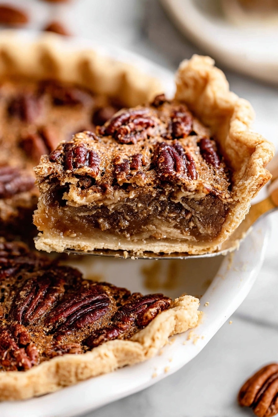 A close-up of one slice being lifted from a pecan pie on a white pie plate, showing three layers: a thick, light golden brown flaky crust on the edges and bottom, a gooey medium brown filling in the middle, and a top layer of whole pecans arranged in a dense pattern with a glossy, darker brown color and a slightly rough texture. The white marbled surface is visible beneath the pie plate with a few scattered pecans in the background. photo taken with an iphone --ar 2:3 --v 7 - Best-Ever Pecan Pie, pecan pie recipe, easy pecan pie, homemade pecan pie, classic pecan pie