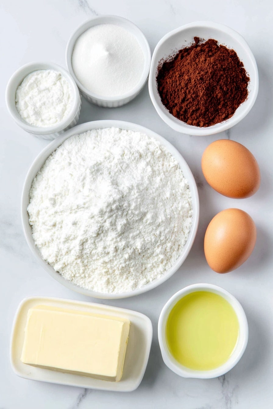 Flat lay of plain cake flour in a small white ceramic bowl, unsweetened cocoa powder in a small white ceramic bowl, a small pile of baking soda powder next to a pinch of salt crystals on the white marble surface, a stick of unsalted butter partially unwrapped showing smooth texture, superfine white sugar in a small white ceramic bowl, two whole brown eggs with clean shells, vegetable oil in a small white ceramic bowl, white vinegar in a small white ceramic bowl, a small white ceramic bowl with vanilla extract, buttermilk in a small white ceramic bowl showing creamy texture, a small white ceramic bowl with red gel food coloring, a block of Philadelphia cream cheese unwrapped to show softened texture, a stick of unsalted butter unwrapped showing smooth consistency, and a small white ceramic bowl of sifted soft powdered sugar placed on a clean white marble surface, soft natural light, photo taken with an iPhone, professional food photography style, fresh ingredients, white ceramic bowls, no bottles, no duplicates, no utensils, no packaging --ar 2:3 --v 7 --p m7354615311229779997 - Easy Red Velvet Cake, moist red velvet cake, homemade red velvet cake, red velvet cake with frosting, classic red velvet cake