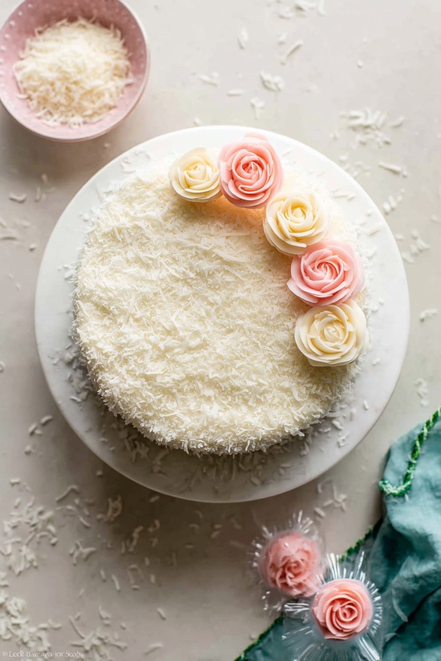 The image shows a round cake on a white marbled cake stand. The cake has one main layer covered fully with white shredded coconut giving it a soft, fluffy texture. On the top left side of the cake, there are five delicate rose-shaped decorations, three in light cream color and two in soft pink, arranged in a small bunch. The cake sits on a white marbled surface scattered lightly with shreds of coconut. Near the top left, there's a small pink bowl filled with more shredded coconut, and at the bottom right of the image, two pink rose-shaped decorations lie on the surface wrapped in clear paper. A teal cloth with green stitching is seen in the top right corner. photo taken with an iphone --ar 2:3 --v 7 - Delicious Coconut Cake, tropical coconut cake, moist coconut cake recipe, fluffy coconut cake, coconut cake with shredded coconut