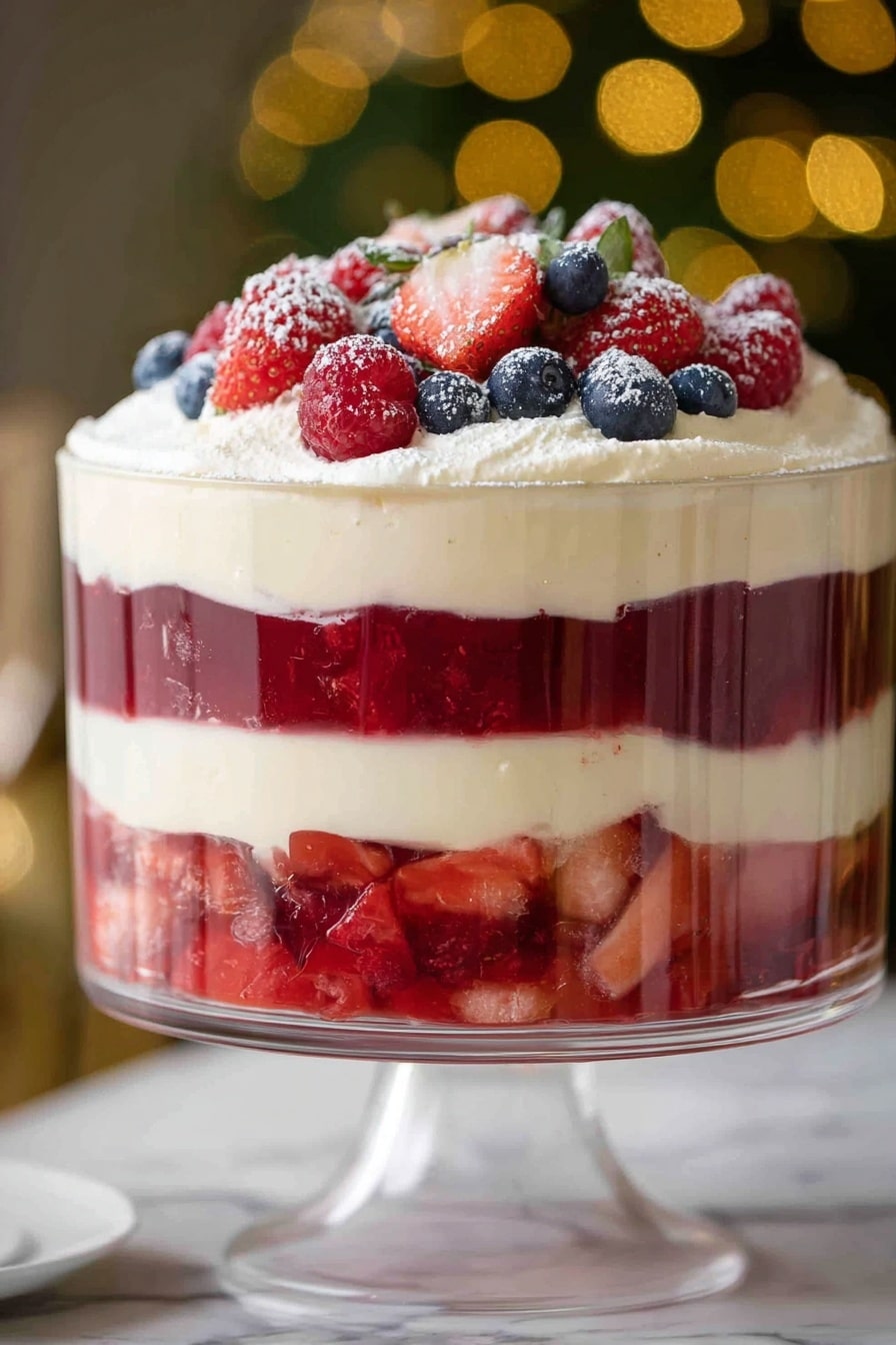 The image shows a tall glass trifle dish with four clear layers. The bottom layer is red fruit pieces, bright and juicy, filling the base. Above this is a thick, smooth layer of creamy white pudding with a soft texture. The third layer is a deep red jelly with visible pieces of strawberries inside. The top layer is a fluffy white cream generously spread, decorated with fresh red raspberries, blueberries, and sliced strawberries dusted lightly with powdered sugar. The dish sits on a white marbled surface with soft, blurred golden-green background lights. photo taken with an iphone --ar 2:3 --v 7 - Festive Cranberry Fruit Trifle, cranberry dessert, holiday dessert, fruit trifle recipe, easy festive trifle