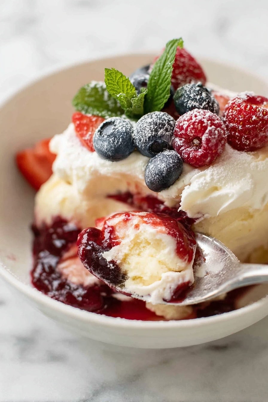 The image shows a white bowl filled with a layered dessert. The bottom layer is creamy and pale yellow, topped with a layer of red berry jam or sauce. Above that is a thick, fluffy white cream layer. On top, there are fresh blueberries, raspberries, and sliced strawberries, with a light dusting of powdered sugar. A few green mint leaves add color contrast on the top. A spoon is scooping some of the dessert, showing the layers inside. The bowl sits on a white marbled surface. Photo taken with an iphone --ar 2:3 --v 7 - Festive Cranberry Fruit Trifle, cranberry dessert, holiday dessert, fruit trifle recipe, easy festive trifle