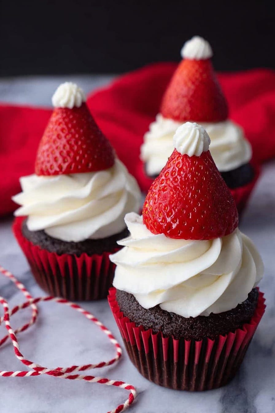 Three cupcakes sit on a white marbled surface with a red cloth in the background. Each cupcake has a dark chocolate base covered by a thick swirl of white cream frosting. On top of the frosting, there is a whole red strawberry with its pointed end up, each topped with a small dollop of white cream. The cupcakes are wrapped in dark red liners, and a piece of red and white string lies casually around them. photo taken with an iphone --ar 2:3 --v 7 - Strawberry Santa Hat Cupcakes, festive Christmas cupcakes, holiday strawberry cupcakes, cute Santa hat desserts, easy holiday cupcake recipes