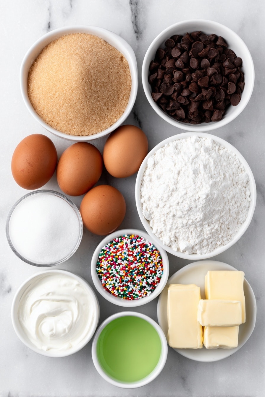 Flat lay of a small mound of light brown soft sugar, a small pile of self-raising flour, a small heap of dark brown cocoa powder, four whole uncracked medium brown eggs, two sticks of unsalted butter, a small white ceramic bowl of clear vanilla extract, a small white ceramic bowl of pure white icing sugar, a small white ceramic bowl of vibrant green liquid food coloring, and a scattering of assorted small chocolate stars and colorful sprinkles arranged neatly, all placed on a clean white marble surface, soft natural light, photo taken with an iPhone, professional food photography style, fresh ingredients, white ceramic bowls, no bottles, no duplicates, no utensils, no packaging --ar 2:3 --v 7 --p m7354615311229779997 - Christmas Tree Cupcakes with Chocolate and Vanilla Frosting, festive cupcake ideas, holiday baking treats, Christmas cupcakes recipe, easy holiday desserts