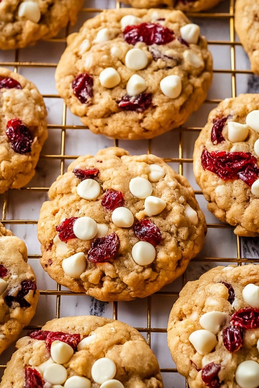 The image shows a close-up of thick, soft cookies cooling on a gold wire rack over a white marbled surface. Each cookie is a light golden brown with a bumpy, crumbly texture and is filled and topped with bright red dried cranberries and creamy white chocolate chips scattered unevenly across the surface. The cookies are round but irregular in shape, and the white chocolate chips and cranberries create a vibrant contrast against the warm cookie dough. The photo captures the details of the cookies up close, highlighting their soft, chunky texture photo taken with an iphone --ar 2:3 --v 7 - Oatmeal Cranberry White Chocolate Cookies, cranberry oatmeal cookies, white chocolate oatmeal cookies, chewy oatmeal cookies, holiday cookie recipes