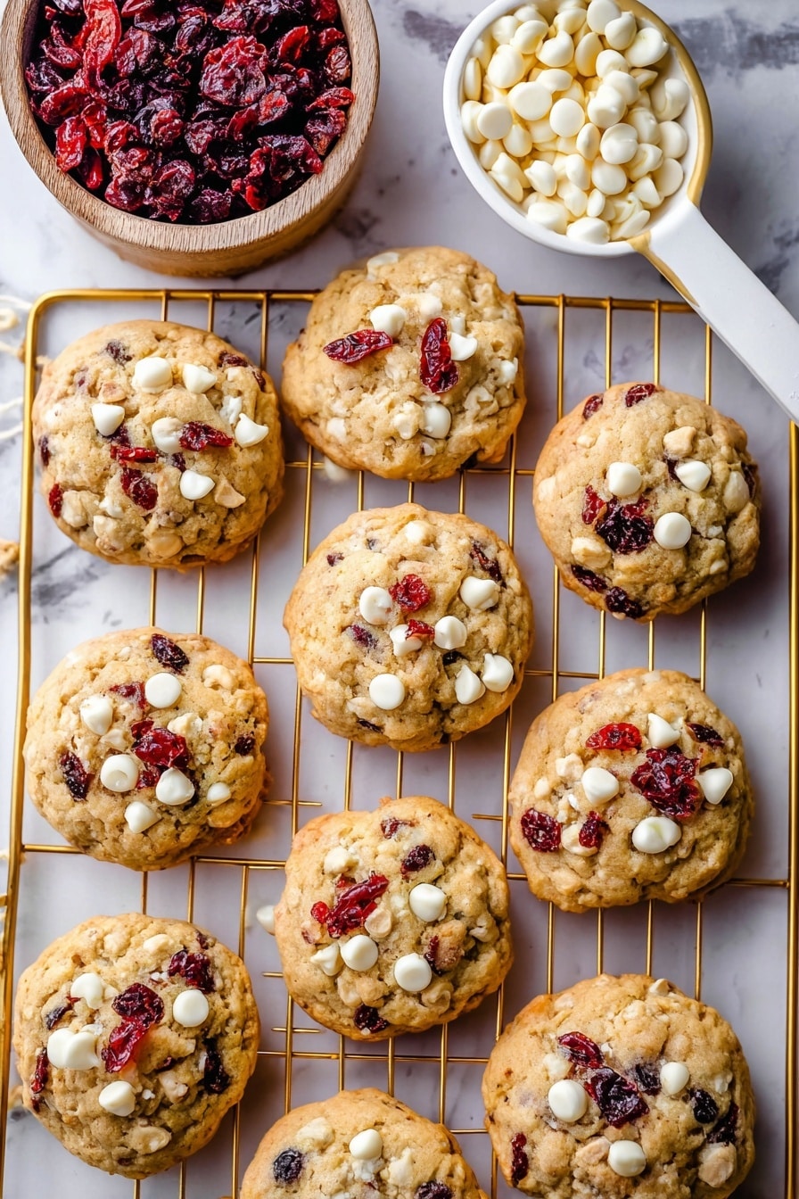 Nine round cookies with a light golden color are placed on a gold-colored wire rack over a white marbled surface. Each cookie has visible layers of white chocolate chips and small dark red dried cranberry pieces scattered on top and throughout. In the top left corner, there is a small white wooden bowl filled with more dried cranberries. On the top right, a white measuring scoop with a gold handle holds white chocolate chips. The cookies have a slightly rough texture, showing their dense and chunky composition. Photo taken with an iphone --ar 2:3 --v 7 - Oatmeal Cranberry White Chocolate Cookies, cranberry oatmeal cookies, white chocolate oatmeal cookies, chewy oatmeal cookies, holiday cookie recipes