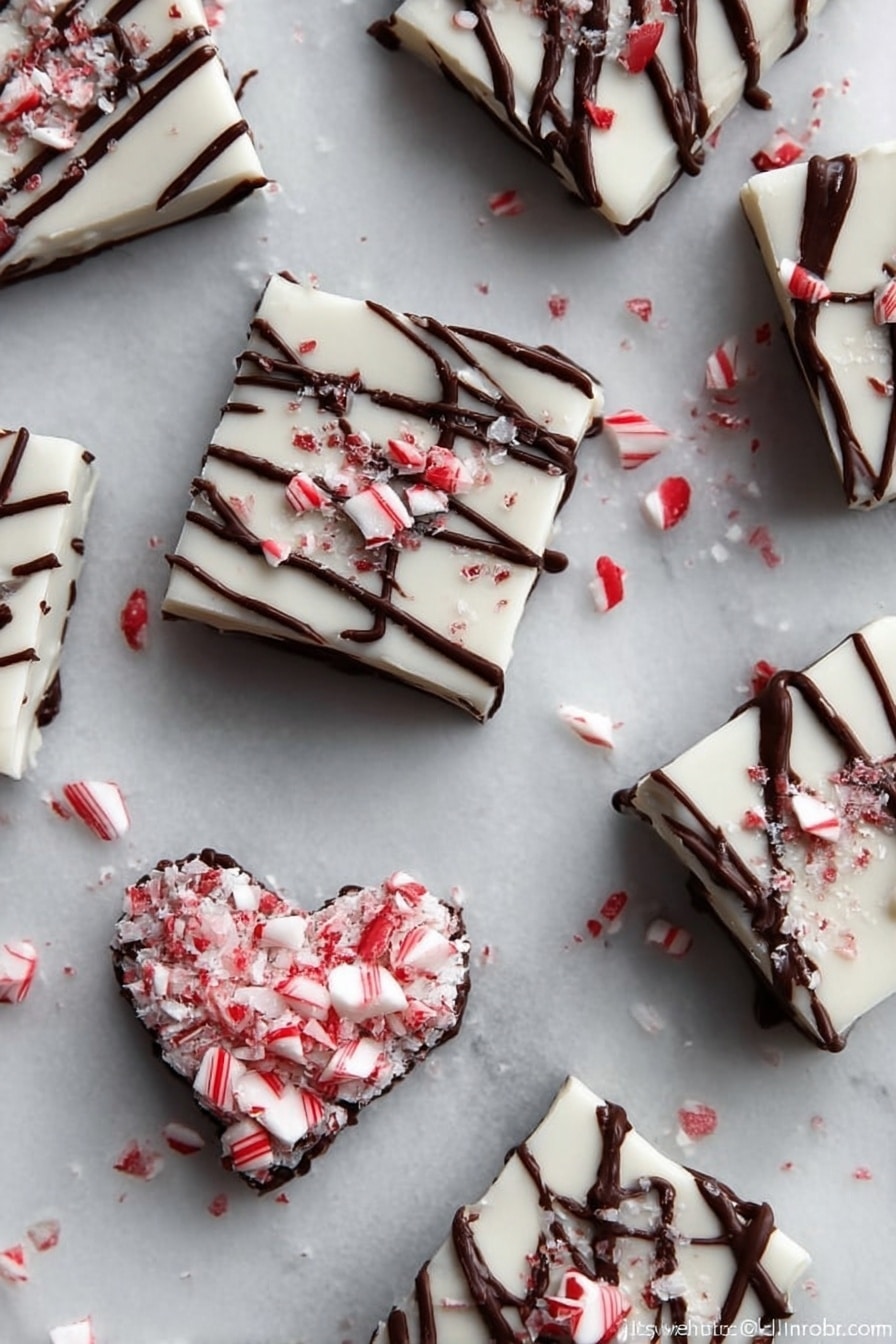 The image shows eight square-shaped white peppermint bark pieces placed on a white marbled surface. Each piece has a smooth white top layer with thin dark brown chocolate drizzle lines across them. On top of the white layer, there are small, crushed red and white candy cane bits scattered evenly. Among the squares, there is a heart-shaped piece made with crushed candy cane forming the shape on the white marbled surface. The overall look is festive, clean, and textured with a mix of smooth chocolate drizzle and crunchy candy cane bits. Photo taken with an iphone --ar 2:3 --v 7 - Peppermint Brownies with Chocolate Frosting, peppermint brownies, chocolate peppermint dessert, festive brownies, easy peppermint brownie recipe