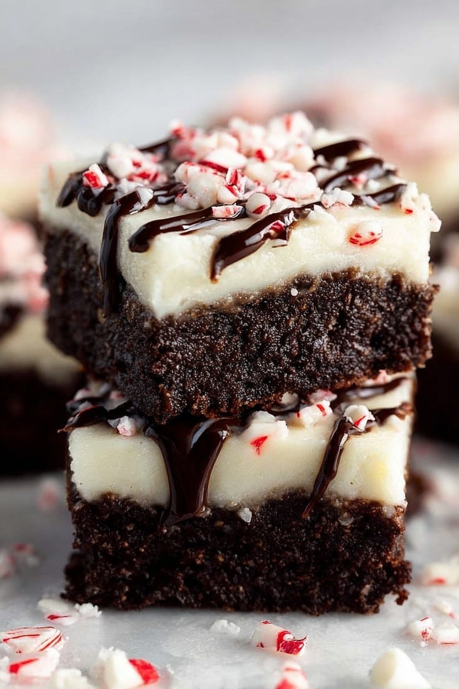 The dish shows two brownie squares stacked on top of each other. Each brownie has two layers: a dark brown, moist chocolate base with a rich texture, topped with a thick white creamy layer that looks smooth. On the top layer, there are small pieces of crushed red and white peppermint candy scattered, and a drizzle of dark brown chocolate sauce adds contrast. The brownies are placed on a white marbled surface with more crushed peppermint pieces around them. Photo taken with an iphone --ar 2:3 --v 7 - Peppermint Brownies with Chocolate Frosting, peppermint brownies, chocolate peppermint dessert, festive brownies, easy peppermint brownie recipe