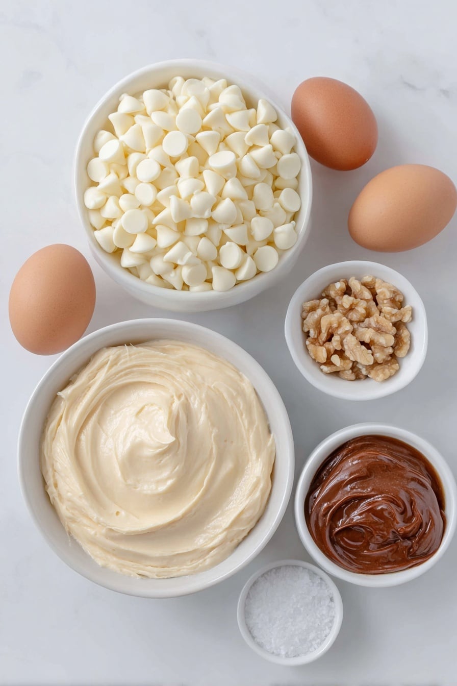 Flat lay of a simple white ceramic bowl filled with glossy white chocolate chips, a small white bowl containing thick sweetened condensed milk, a few whole uncracked brown eggs, a few coarsely chopped walnuts arranged beside a small white bowl with clear maple extract, and a tiny pinch of coarse salt crystals in another small white bowl, all placed with perfect symmetry on a clean white marble surface, soft natural light, photo taken with an iPhone, professional food photography style, fresh ingredients, white ceramic bowls, no bottles, no duplicates, no utensils, no packaging --ar 2:3 --v 7 --p m7354615311229779997 - Maple Walnut White Chocolate Fudge, white chocolate fudge with walnuts, easy maple fudge, no-bake holiday treats, creamy walnut fudge