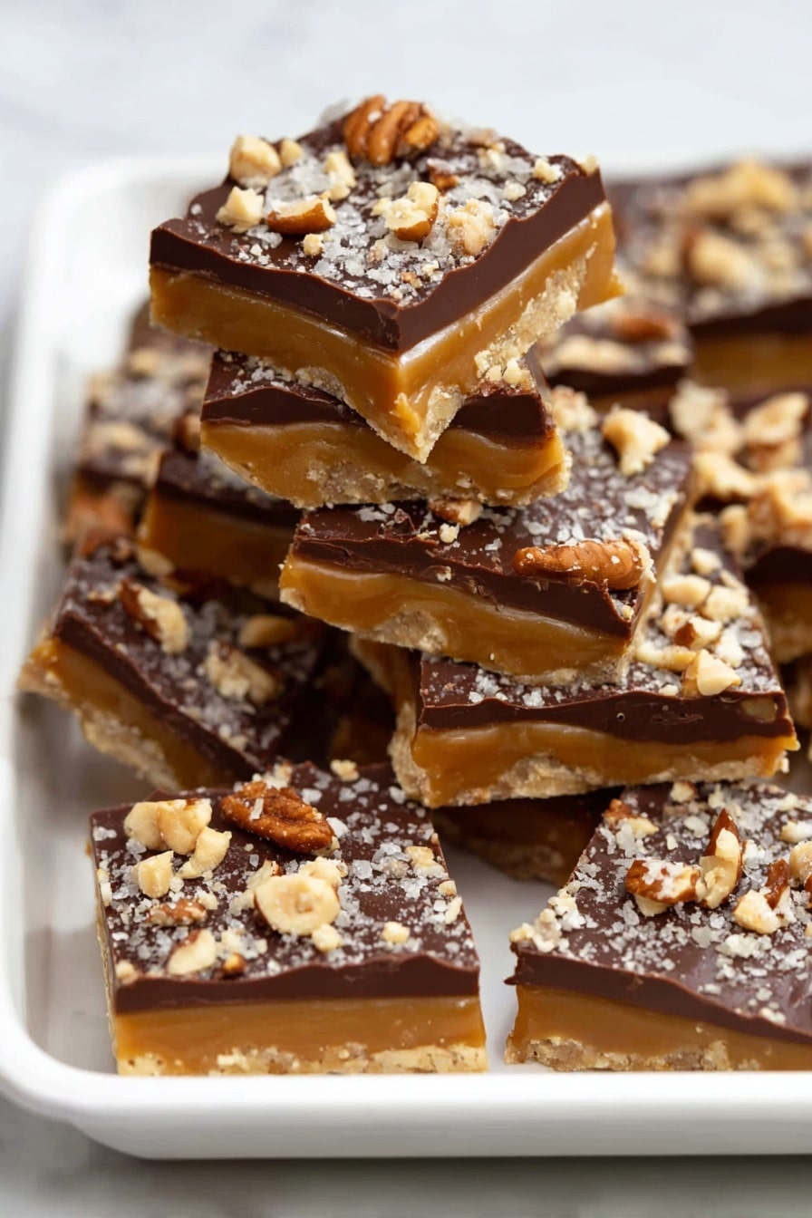 The image shows a white tray filled with layered candy pieces. Each piece has three layers: a shiny golden caramel layer in the middle, a smooth dark brown chocolate layer on top, and a crunchy topping of crushed nuts scattered over the chocolate. One piece is turned to show its thick caramel layer, while some other pieces are stacked, showing a mix of textures and colors. The tray is placed on a white marbled surface. photo taken with an iphone --ar 2:3 --v 7 - Homemade Toffee with Chocolate and Pecans, easy toffee recipe, chocolate toffee dessert, homemade candy with pecans, buttery toffee treats