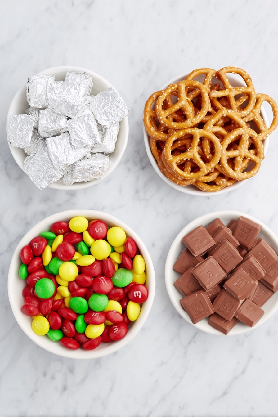 Flat lay of a neat arrangement of golden circle and square-shaped pretzels, unwrapped silver-foil Hershey’s Hugs chocolates with smooth, shiny surface, and a small white ceramic bowl filled with colorful M&M candies, all placed on a clean white marble surface, soft natural light, photo taken with an iPhone, professional food photography style, fresh ingredients, white ceramic bowls, no bottles, no duplicates, no utensils, no packaging --ar 2:3 --v 7 --p m7354615311229779997 - Easy Pretzel Hugs with M&Ms, quick pretzel snack, salty sweet pretzels, no-bake pretzel treats, party-friendly pretzel bites