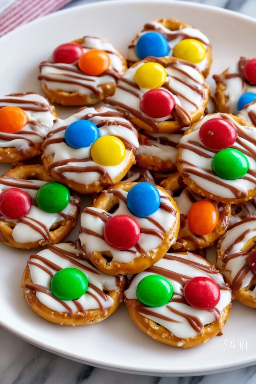 The dish is a stack of small round pretzels as the base layer, golden brown with a shiny, textured surface and a classic pretzel pattern. On top of each pretzel sits a smooth, white chocolate kiss with dark brown stripes that spiral from bottom to top, forming the second layer with a slightly glossy, soft texture. The third layer is a single colorful candy M&M pressed in the center of each white chocolate kiss, available in bright green, blue, yellow, red, and orange, adding a playful pop of color. All the pretzel bites are placed on a white plate with a red checkered cloth underneath, set on a wooden surface with scattered M&M candies around. The overall look is warm, inviting, and colorful. photo taken with an iphone --ar 2:3 --v 7 - Easy Pretzel Hugs with M&Ms, quick pretzel snack, salty sweet pretzels, no-bake pretzel treats, party-friendly pretzel bites