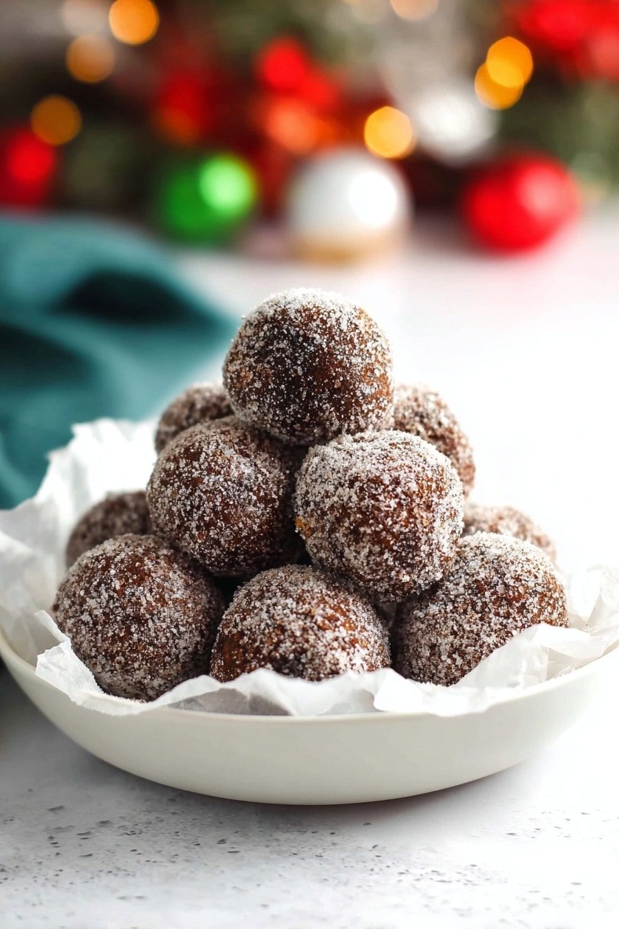 A pyramid stack of round dark brown balls coated lightly with sugar, resting on crumpled white paper inside a shallow white plate, with a fine dusting of powder on some of the balls giving a slightly rough texture, set against a blurred background including hints of red, green, and white colors that suggest a festive scene, all placed on a white marbled surface. Photo taken with an iphone --ar 2:3 --v 7 - Easy Homemade Sugar Plums, festive holiday treats, homemade holiday candies, no-bake Christmas sweets, flavorful holiday snacks