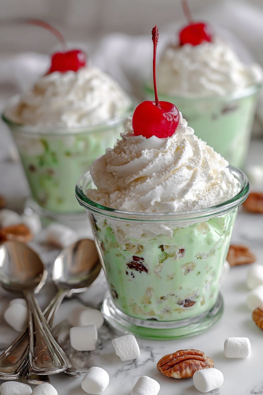 A clear glass cup holds a dessert with three layers. The bottom layer is pale green with small white and brown pieces mixed in, showing a creamy and chunky texture. On top of this is a thick swirl of white whipped cream, soft and fluffy, crowned with a bright red cherry that has a long stem, centered on the top. The cup sits on a white marbled surface scattered with small white marshmallows and brown nuts. In the background, there are two more similar cups filled in the same way, slightly blurred, and two silver spoons lie on the surface next to the front cup. Photo taken with an iphone --ar 2:3 --v 7 - Easy Watergate Salad, Watergate Salad ingredients, quick fruit salad, classic dessert recipes, no-bake party desserts