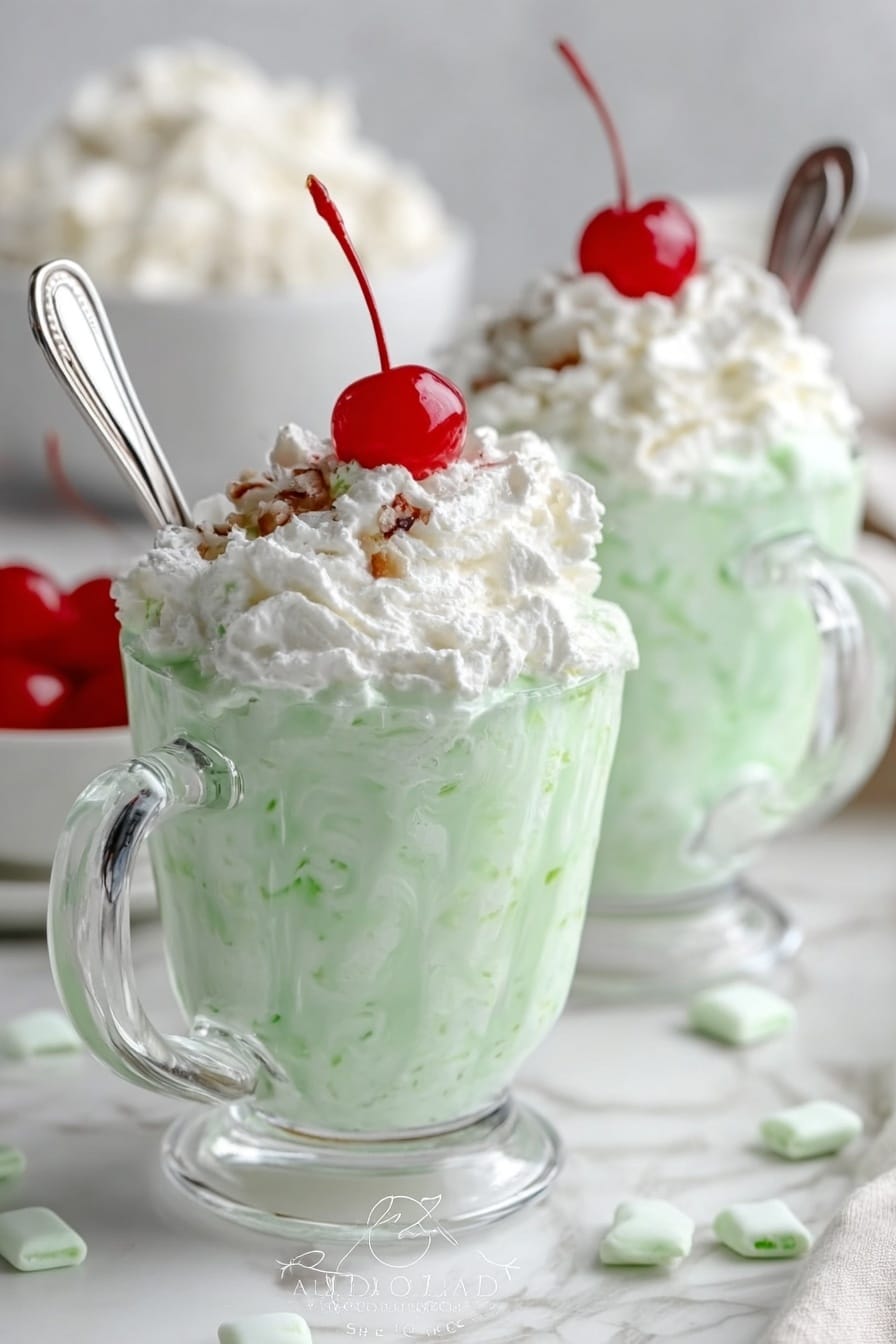 The image shows two clear glass mugs filled with a pale green dessert that looks creamy and smooth, with small green bits throughout. On top of each mug is a thick layer of white whipped cream, topped with a bright red cherry with a long stem. A silver spoon is placed inside each mug, leaning against the whipped cream. The mugs sit on a white marbled surface with some scattered small white mints around, and a blurred white bowl filled with the same pale green dessert is in the background. The overall look is fresh and inviting. photo taken with an iphone --ar 2:3 --v 7 - Easy Watergate Salad, Watergate Salad ingredients, quick fruit salad, classic dessert recipes, no-bake party desserts