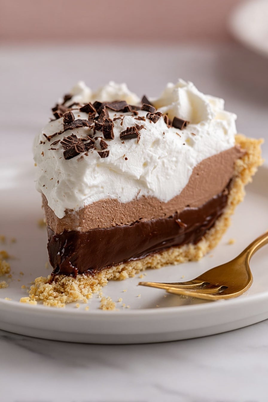 A slice of pie with three layers is shown on a white plate over a white marbled texture. The bottom layer is a light brown crumbly crust. The middle layer is thick and smooth dark chocolate filling with a creamy texture. The top layer is a fluffy white whipped cream, sprinkled with small pieces of dark chocolate on top. There are some crumbs around the slice, and a gold fork rests next to it on the plate. photo taken with an iphone --ar 2:3 --v 7 - Decadent Chocolate Cream Pie, Chocolate Pie Recipe, Rich Chocolate Dessert, Easy Chocolate Pie, Homemade Chocolate Pie