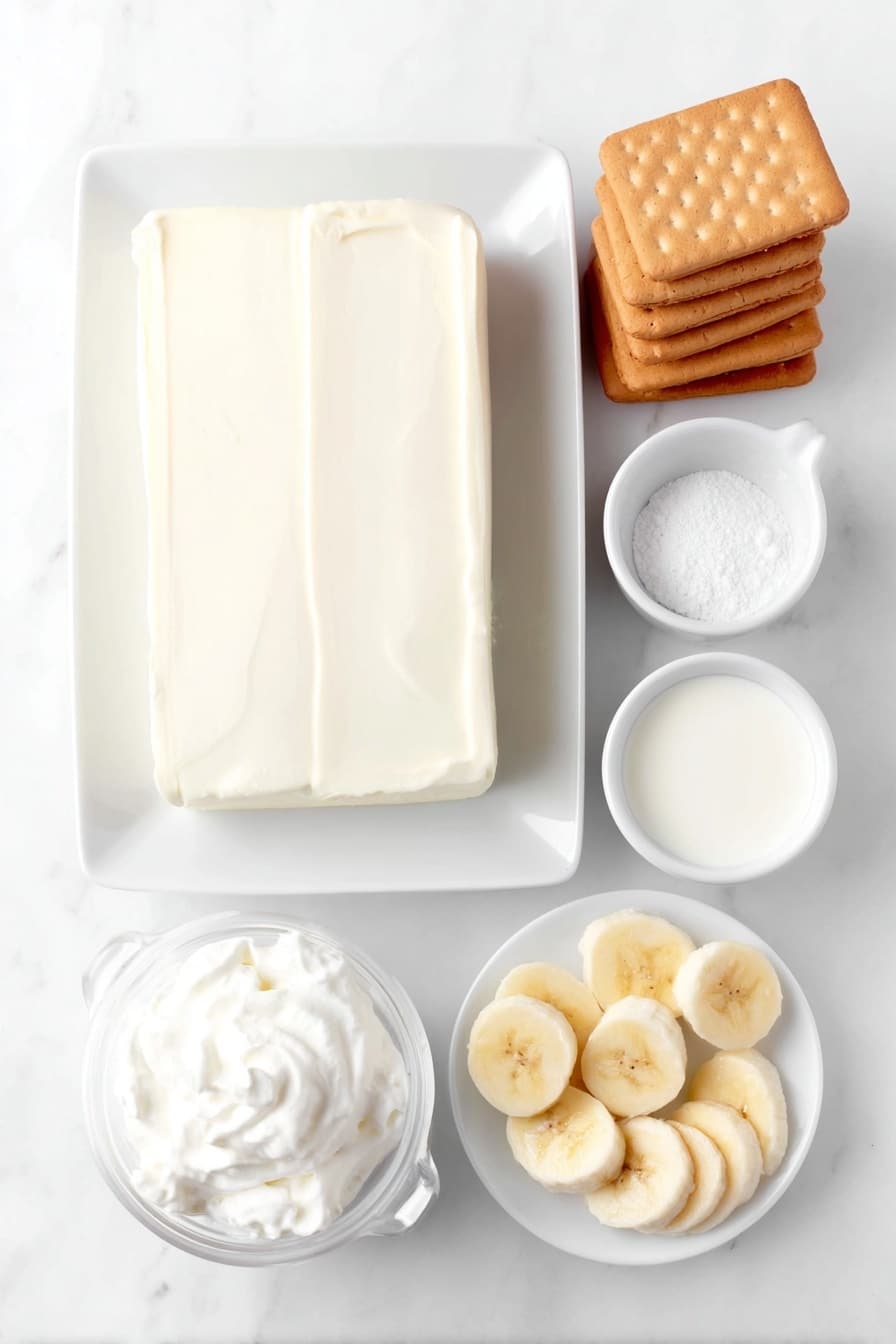 Flat lay of a block of soft cream cheese on a simple white ceramic plate, a small white bowl filled with sweetened condensed milk, a small white bowl with smooth instant vanilla pudding powder, a small white bowl containing fresh whole milk, a small white bowl holding clear vanilla extract, a white ceramic bowl with fluffy whipped topping, a small stack of golden Nilla wafers arranged neatly on a white plate, a few fresh peeled bananas sliced into thin rounds arranged fan-like on a white plate, placed on a clean white marble surface, soft natural light, photo taken with an iPhone, professional food photography style, fresh ingredients, white ceramic bowls, no bottles, no duplicates, no utensils, no packaging --ar 2:3 --v 7 --p m7354615311229779997 - Cream Cheese Banana Pudding, banana pudding dessert, creamy banana pudding recipe, no-bake banana pudding, easy banana pudding