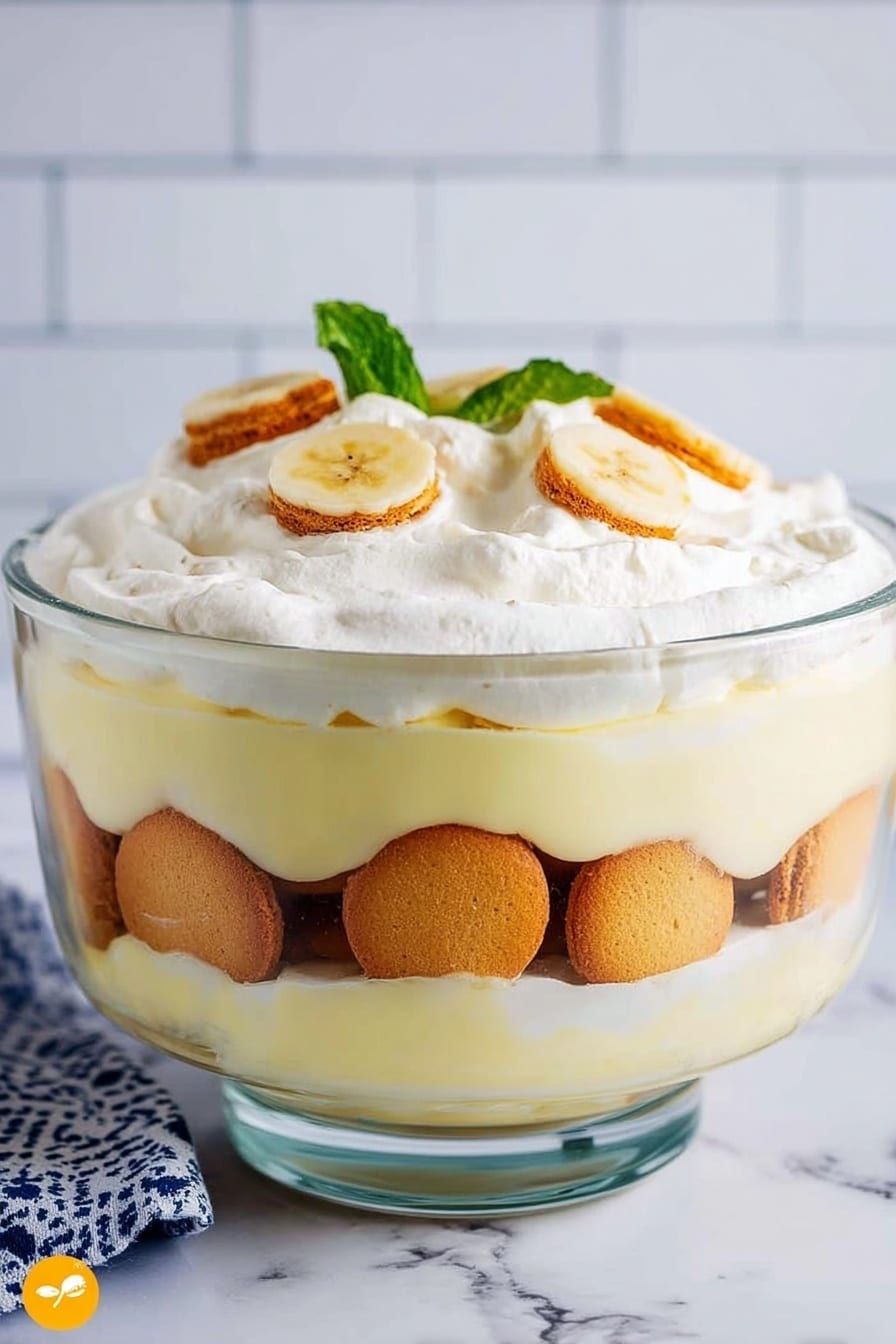 A clear glass bowl filled with three distinct layers: the bottom layer shows round golden brown vanilla wafers partially soaked, arranged closely together, the middle layer is a creamy pale yellow custard that seeps between the wafers, and the top layer is a thick, smooth white whipped cream spread evenly. On top, there are three round vanilla wafers, two banana slices with their pale yellow interior visible, and a small green mint leaf for decoration. The bowl sits on a white marbled surface with a blurred background of white tiles. Photo taken with an iphone --ar 2:3 --v 7 - Cream Cheese Banana Pudding, banana pudding dessert, creamy banana pudding recipe, no-bake banana pudding, easy banana pudding