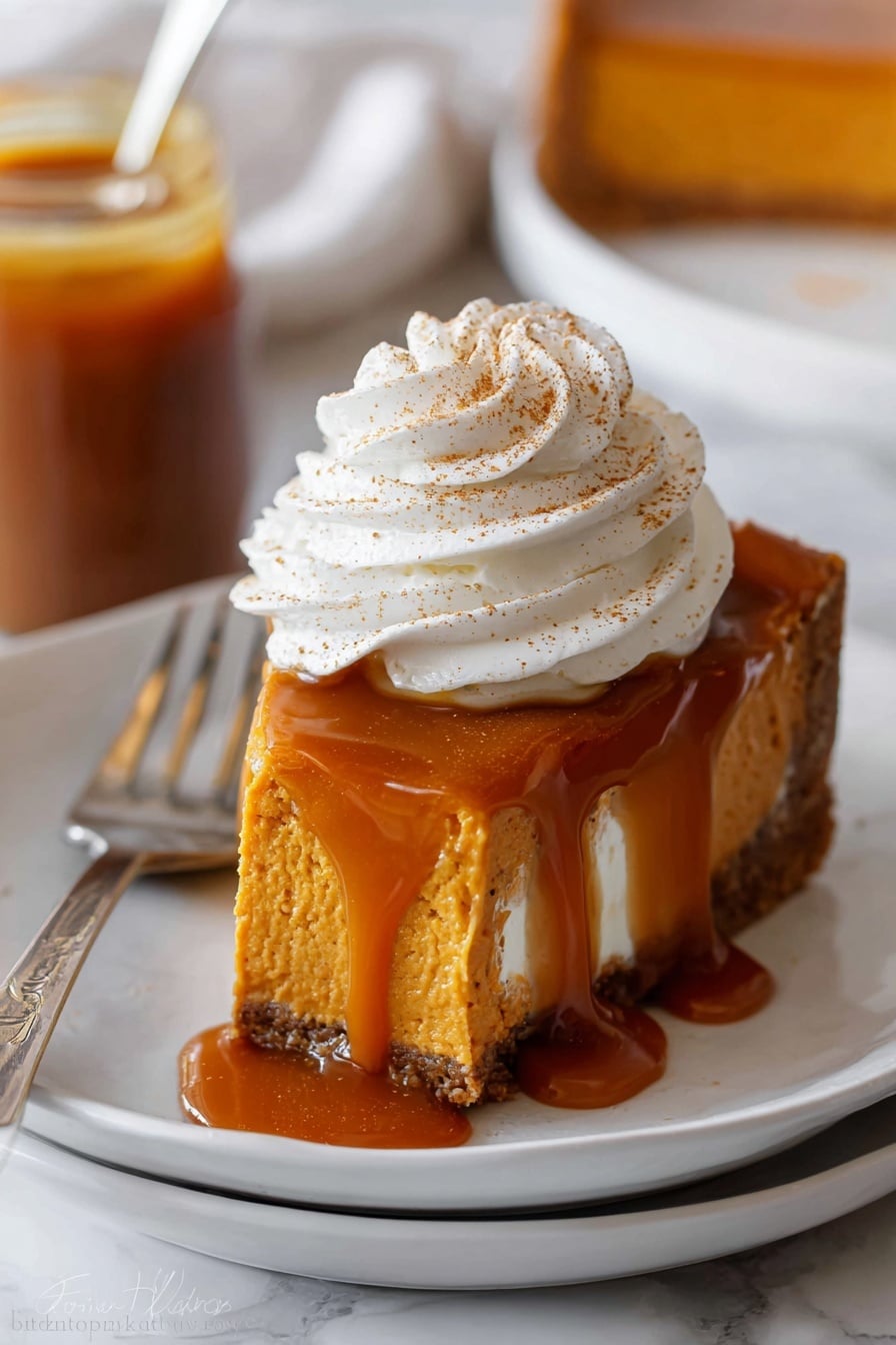 A single slice of orange pumpkin pie with a smooth, dense texture sits on a white plate over a blue cloth. On top, there is a thick layer of shiny caramel sauce dripping down the sides of the pie. A large swirl of white whipped cream dusted with light brown cinnamon powder crowns the slice. A silver fork rests on the right side of the plate. The background surface is a white marbled texture. photo taken with an iphone --ar 2:3 --v 7 - Delicious Pumpkin Cheesecake, pumpkin cheesecake dessert, fall cheesecake recipe, creamy pumpkin cheesecake, easy pumpkin cheesecake
