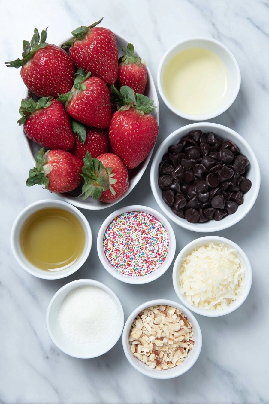 Flat lay of a handful of fresh bright red strawberries with green leafy stems, a small white ceramic bowl filled with glossy dark chocolate chips, a small white ceramic bowl containing light golden vegetable oil, a small white ceramic bowl of snowy white desiccated coconut, a small white ceramic bowl with chopped golden-brown crushed nuts, a small white ceramic bowl holding colorful round sprinkles, all arranged symmetrically on a clean white marble surface, soft natural light, photo taken with an iPhone, professional food photography style, fresh ingredients, white ceramic bowls, no bottles, no duplicates, no utensils, no packaging --ar 2:3 --v 7 --p m7354615311229779997 - Chocolate Covered Strawberries, Easy Chocolate Covered Strawberries, Homemade Strawberries with Chocolate, Fruit Desserts, Romantic Dessert Ideas