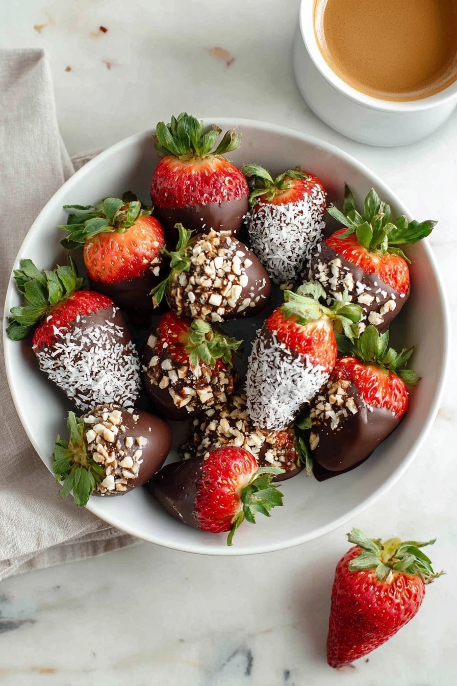 The image shows a white bowl filled with strawberries covered in various toppings. Most strawberries are dipped in dark chocolate, some coated with white coconut flakes, and one covered in crushed nuts, all with green leafy tops. Around the bowl, there are smaller white bowls and plates holding more of these coated strawberries. A white teacup with brown coffee sits in front, placed on a matching saucer. To the left, there are stacked white teacups and a milk bottle with a red-checkered lid. The whole scene is set on a worn wooden table with a white marbled texture surface. In the background on the right, there is a clear vase with white flowers with green leaves. photo taken with an iphone --ar 2:3 --v 7 - Chocolate Covered Strawberries, Easy Chocolate Covered Strawberries, Homemade Strawberries with Chocolate, Fruit Desserts, Romantic Dessert Ideas