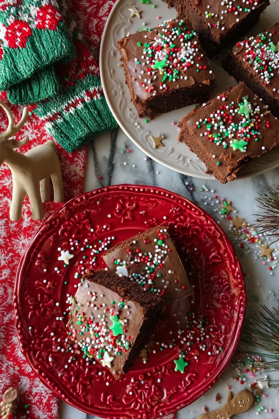 The image shows two plates of chocolate brownies with a smooth chocolate frosting topped with colorful Christmas-themed sprinkles including red, green, white round sprinkles, small gingerbread man shapes, and stars. The brownies are cut into squares, with three pieces on a shiny red plate with embossed patterns and four pieces on a white plate. Some sprinkles are scattered on the plates and the white marbled surface below. The background includes a knitted mitten in green, red, and white, a wooden reindeer ornament with small antlers, and a festive cloth with red patterns. Photo taken with an iphone --ar 2:3 --v 7 - Chocolate Frosted Christmas Brownies, Christmas brownies, holiday brownies recipe, fudgy Christmas brownies, festive chocolate brownies