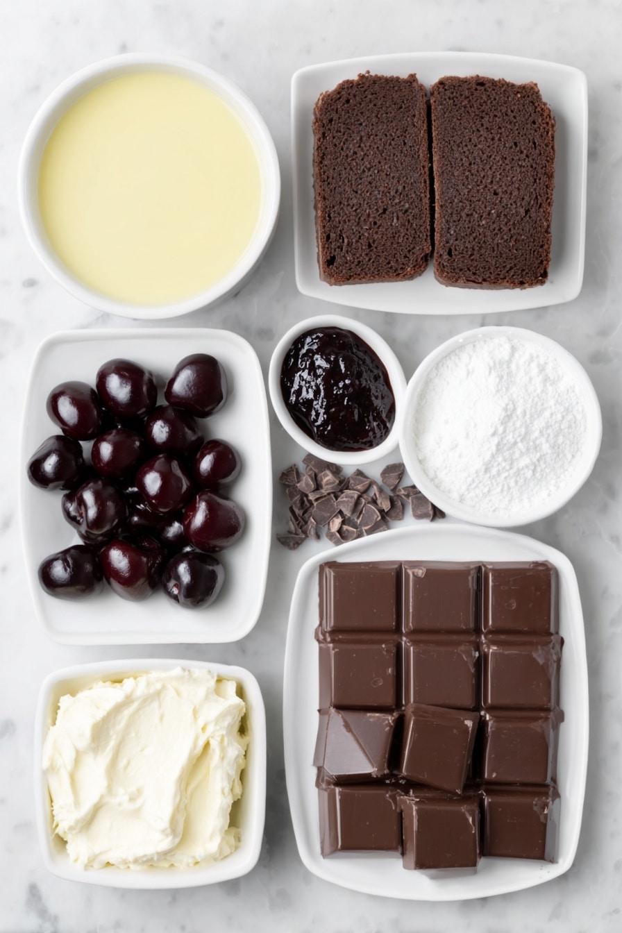 Flat lay of chopped dark chocolate chunks, a small white bowl of ready-made custard, a small white bowl of double cream, a small white bowl with icing sugar powder, slices of chocolate swiss roll, a small white bowl of clear kirsch, fresh whole cherries, a small white bowl of rich cherry jam, bite-sized brownie pieces, and a small pile of grated dark chocolate, all arranged with perfect symmetry on simple white ceramic dishes and bowls, placed on a clean white marble surface, soft natural light, photo taken with an iPhone, professional food photography style, fresh ingredients, white ceramic bowls, no bottles, no duplicates, no utensils, no packaging --ar 2:3 --v 7 --p m7354615311229779997 - Chocolate Cherry Trifle with Kirsch, chocolate cherry dessert, cherry trifle recipe, boozy cherry dessert, layered chocolate cherry treat