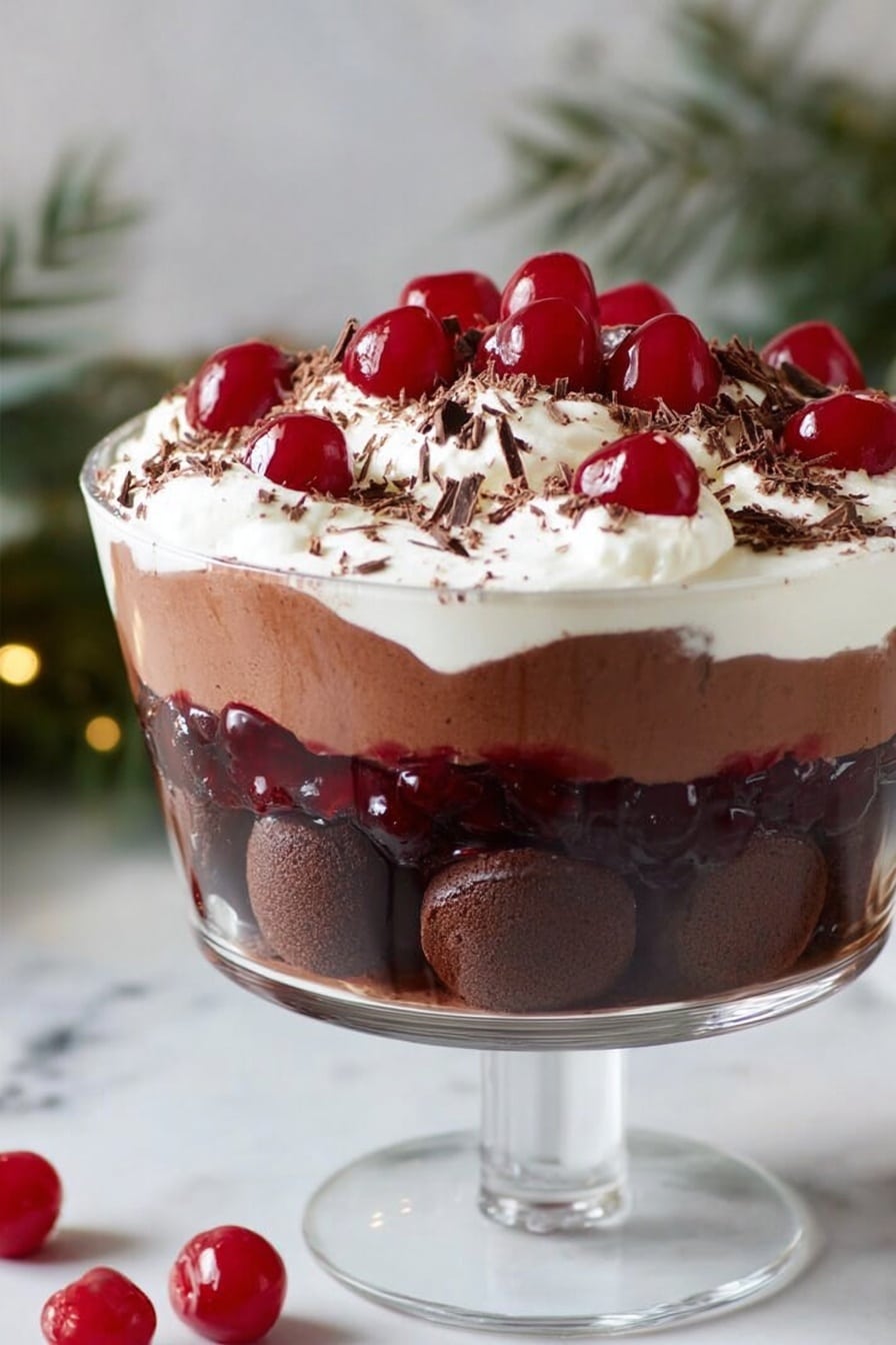 A clear glass bowl holds a layered dessert with three visible layers: the bottom layer is dark brown and creamy chocolate pudding, the middle layer is light whipped cream with a soft texture, and the top layer is a thick layer of white whipped cream with a slightly bumpy surface. Bright red cherries with green stems are placed evenly on top, and fine brown chocolate shavings are scattered across the whipped cream. A gold spoon scoops a mix of chocolate and cream from the side. The bowl sits on a white marbled surface, with a smaller white bowl nearby containing a similar chocolate and cream mixture. photo taken with an iphone --ar 2:3 --v 7 - Chocolate Cherry Trifle with Kirsch, chocolate cherry dessert, cherry trifle recipe, boozy cherry dessert, layered chocolate cherry treat