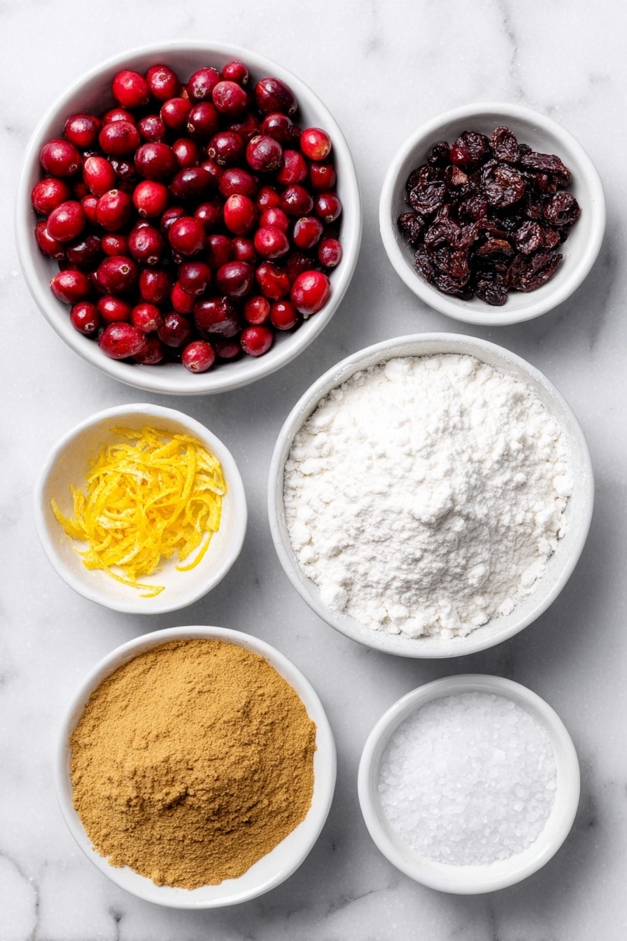 Flat lay of a small mound of fresh bright red cranberries, a small white ceramic bowl filled with fine white granulated sugar, a few strips of fresh orange zest curled gently, a small white bowl of deep golden ground cinnamon powder, a small white bowl of warm brown ground ginger powder, a small white bowl of fine white cornstarch powder, a small white bowl with freshly squeezed orange juice showing a vibrant orange color, a small white bowl containing coarse kosher salt crystals placed symmetrically—all items arranged with perfect balance and fresh natural appearance, placed on a clean white marble surface, soft natural light, photo taken with an iPhone, professional food photography style, fresh ingredients, white ceramic bowls, no bottles, no duplicates, no utensils, no packaging --ar 2:3 --v 7 --p m7354615311229779997 - Cranberry Orange Pie, Cranberry Orange Pie Recipe, Festive Pie Recipes, Holiday Fruit Pie, Tart and Sweet Pie