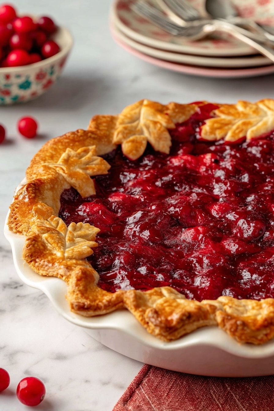 The image shows a cranberry pie with a golden brown crust decorated with leaf shapes along the edge, filled with shiny deep red cranberry filling that looks thick and textured with visible whole cranberries inside. The pie is in a white ceramic pie dish with a scalloped edge, sitting on a white marbled surface with a red and white checkered cloth nearby. In the background, there is a second whole pie with a crumbly golden brown top crust in another white pie dish, red apples, a white dish filled with fresh cranberries, and a small bowl of white sauce or cream. The lighting is soft and natural, highlighting the warm colors and textures of the pies and ingredients. photo taken with an iphone --ar 2:3 --v 7 - Cranberry Orange Pie, Cranberry Orange Pie Recipe, Festive Pie Recipes, Holiday Fruit Pie, Tart and Sweet Pie