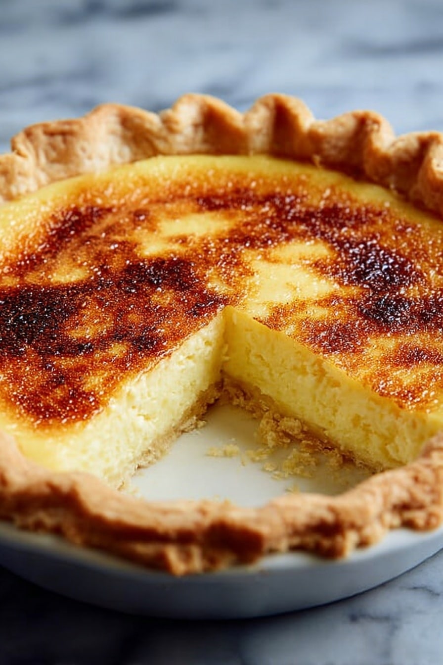 The image shows a pie with a flaky, pale golden crust that forms a scalloped edge around the pie. Inside, there is a smooth, pale yellow filling that looks soft and creamy. The top layer is lightly browned with a caramelized texture, showing one slice has been taken out, revealing the thick filling inside. The pie sits on a white marbled surface in a white pie pan. photo taken with an iphone --ar 2:3 --v 7 - Buttermilk Pie, Southern dessert, custard pie, easy pie recipe, classic pie