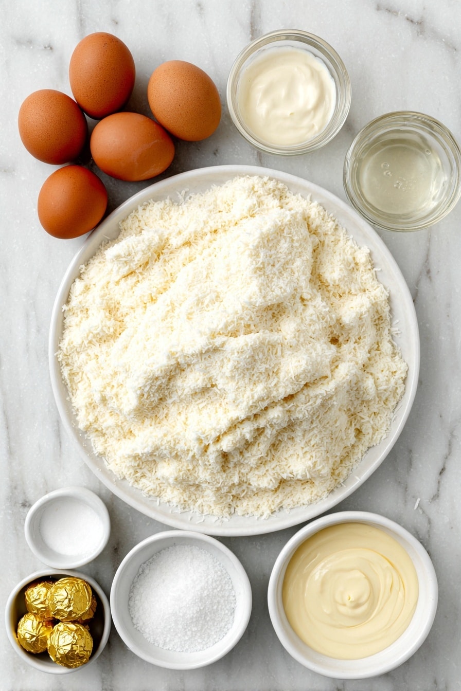 Flat lay of sweetened shredded coconut piled loosely in a mound on a simple white ceramic plate, a small white ceramic bowl filled with thick, glossy sweetened condensed milk, a few whole uncracked brown eggs arranged symmetrically beside a small white ceramic bowl holding clear vanilla extract liquid, another small white ceramic bowl with pale almond extract, a small white ceramic bowl containing fine white salt crystals, and a neat cluster of shiny, unwrapped Hershey’s Kisses chocolates with their foil slightly crinkled, all placed on a clean white marble surface, soft natural light, photo taken with an iPhone, professional food photography style, fresh ingredients, white ceramic bowls, no bottles, no duplicates, no utensils, no packaging --ar 2:3 --v 7 --p m7354615311229779997 - Coconut Macaroon Blossoms with Hershey Kisses, coconut cookie recipe, chewy coconut treats, gluten-free coconut cookies, chocolate coconut cookies