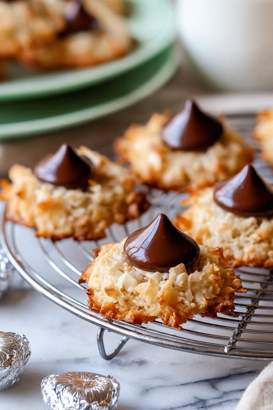 The image shows several round cookies with a rough, golden-brown texture from toasted coconut flakes, each with a smooth, shiny dark chocolate drop placed in the center. The cookies sit on a silver wire cooling rack, which rests on a white marbled surface. Around the rack, there are small foil-wrapped chocolate drops scattered. The background includes a blurred white bowl and a soft green plate with more cookies, creating a warm and inviting scene. photo taken with an iphone --ar 2:3 --v 7 - Coconut Macaroon Blossoms with Hershey Kisses, coconut cookie recipe, chewy coconut treats, gluten-free coconut cookies, chocolate coconut cookies