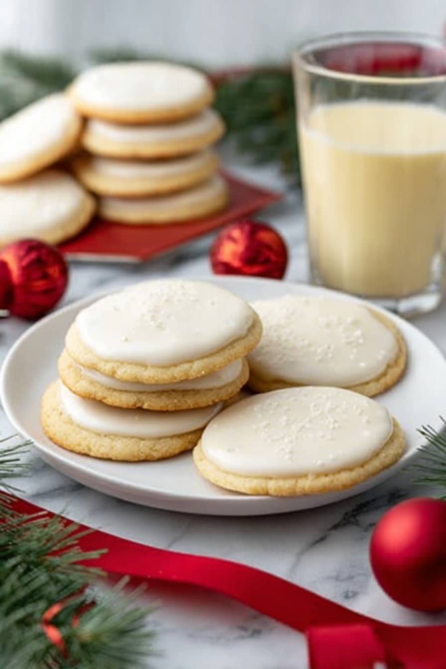 The image shows a white plate filled with two layers of soft, round sugar cookies topped with smooth, glossy white icing. The cookies are light golden brown and have a slightly fluffy texture. Some cookies sit flat on the plate while others rest leaning against each other, giving a sense of depth. The plate is on a white marbled surface with festive red ornaments and green pine branches nearby. In the background, more cookies are stacked and a glass mug filled with a pale yellow creamy drink is visible. A woman's hand holding a red ribbon is just out of focus. photo taken with an iphone --ar 2:3 --v 7 - Eggnog Cookies with Frosting, holiday eggnog cookies, easy eggnog cookie recipe, cozy holiday cookies, festive eggnog dessert