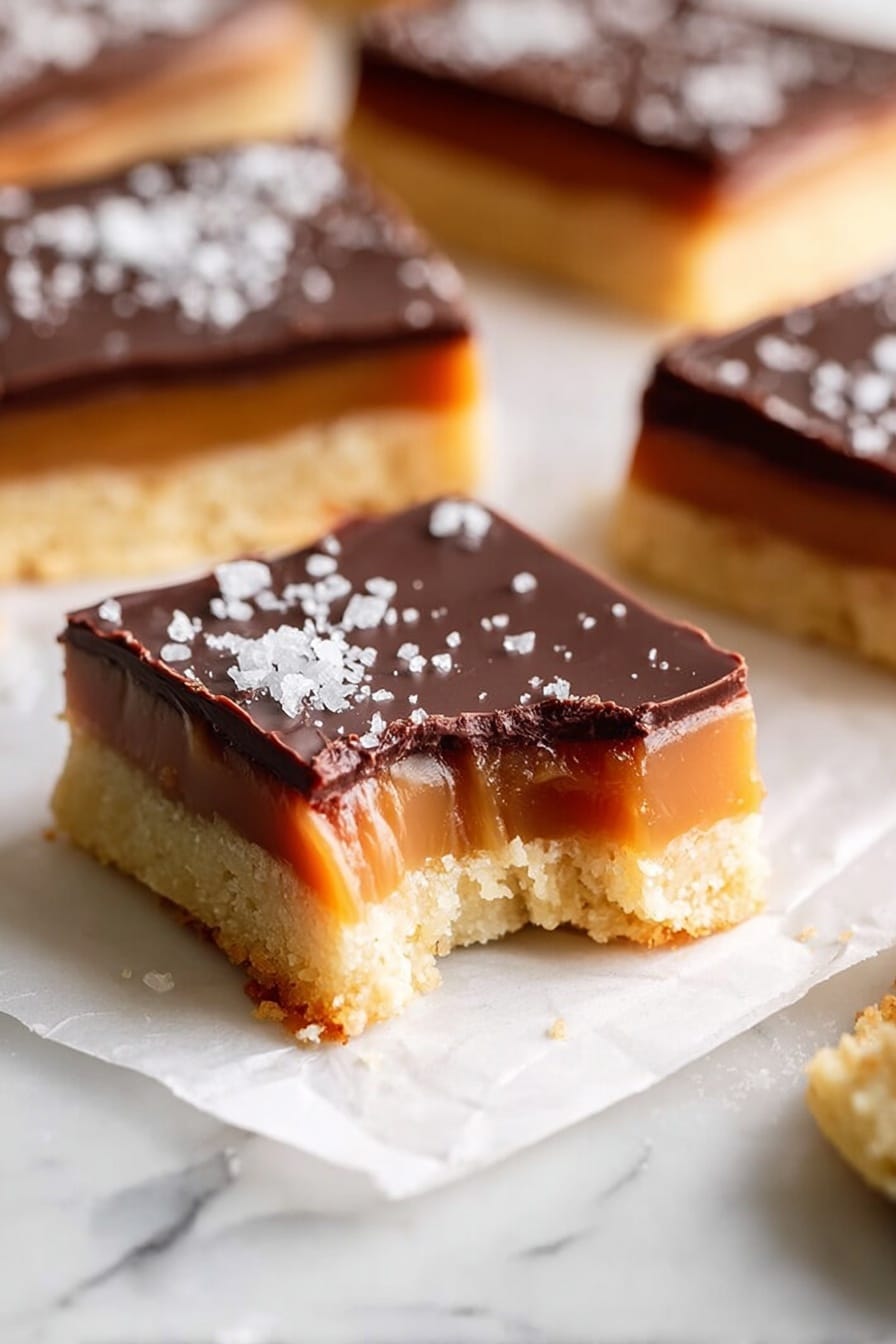 A square dessert bar with three distinct layers sits on a white marbled surface, with a bite taken from one corner showing the inside. The bottom layer is a pale, crumbly shortbread base with a slightly coarse texture. Above this is a thicker, soft caramel layer in a rich golden brown shade, smooth and glossy but soft enough to show some indentation near the bite. The top layer is a dark chocolate ganache, shiny and firm, sprinkled with coarse white sea salt flakes. Nearby are more similar bars, focusing on the bitten bar in the foreground, with soft natural lighting highlighting the textures and colors. Photo taken with an iphone --ar 2:3 --v 7 - Rich Millionaire's Shortbread with Caramel, millionaire's shortbread recipe, homemade caramel shortbread, layered dessert with caramel and chocolate, buttery shortbread bars