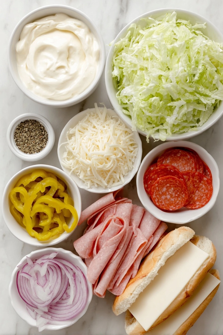 Flat lay of a small white ceramic bowl of creamy mayonnaise, a small white bowl with red wine vinegar, a small white bowl with garlic powder, a small white bowl with dried oregano, a small white bowl with salt, a few grinds of black pepper loose on the surface, half a head of iceberg lettuce shredded finely arranged loosely, thinly sliced half a red onion in a small neat pile, a small mound of sliced bright yellow banana peppers, three fresh sub rolls with a golden crust, thin stacks of folded red salami slices, thin stacks of round pepperoni slices, thin slices of turkey breast, slices of pale yellow provolone cheese neatly layered, a ripe red tomato sliced evenly, a small white bowl filled with finely grated parmesan cheese, each ingredient fresh and natural, all items arranged with perfect symmetry and balanced proportions, placed on a clean white marble surface, soft natural light, photo taken with an iPhone, professional food photography style, fresh ingredients, white ceramic bowls, no bottles, no duplicates, no utensils, no packaging --ar 2:3 --v 7 --p m7354615311229779997 - Viral Italian Grinder Sandwich, Italian grinder sandwich, easy Italian sandwich recipe, homemade Italian sub, Italian sandwich ideas