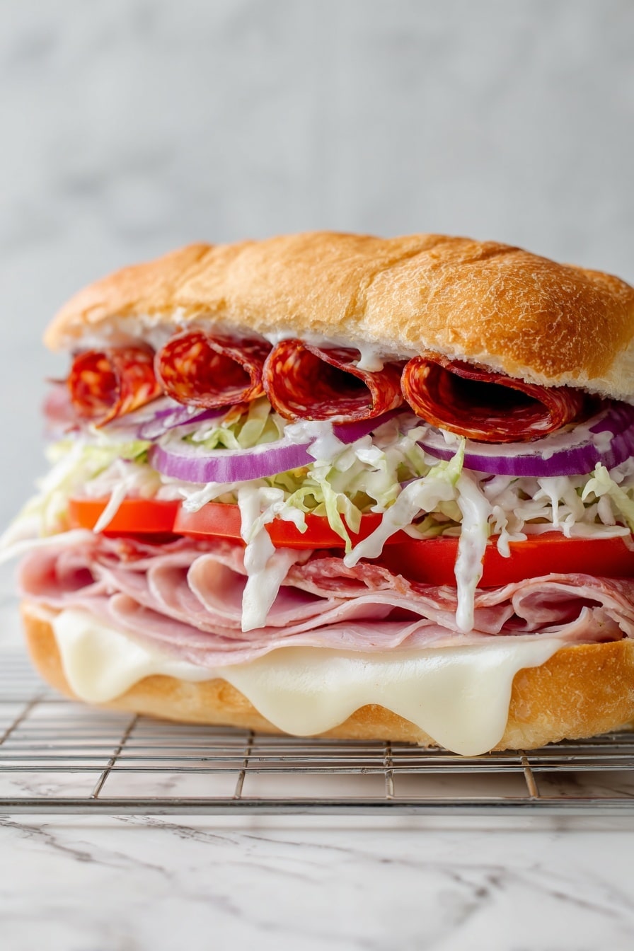 A sandwich with five main layers sits on a wire rack over a white marbled surface. The bottom layer is light melted cheese with a smooth texture that slightly drips off the edge. Above it are slices of pale pink meat, topped by thin, bright red tomato slices. Next is a creamy salad layer with shredded lettuce and thin rings of purple onion mixed into a white dressing. The top layer consists of crispy brown bacon strips that are slightly curled, all held together by a toasted, golden-brown sandwich bun. Photo taken with an iphone --ar 2:3 --v 7 - Viral Italian Grinder Sandwich, Italian grinder sandwich, easy Italian sandwich recipe, homemade Italian sub, Italian sandwich ideas