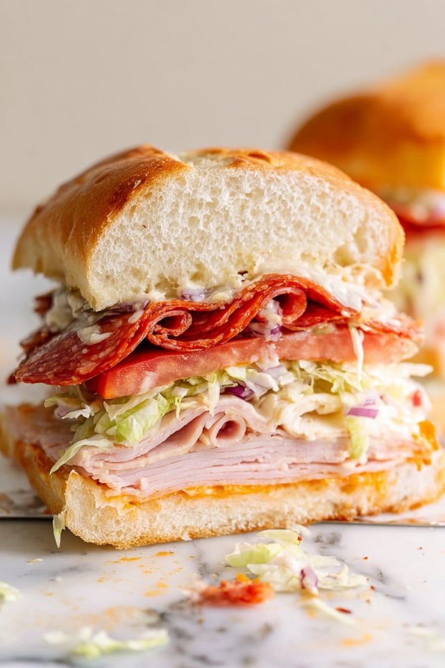 The image shows a close-up of a tall sandwich cut in half, with a soft, golden-brown bun on top and bottom. Inside, there are several distinct layers from bottom to top: a thin layer of light pink meat, a bright orange spread, thin white slices of turkey or chicken, shredded lettuce mixed with small pieces of red onion, a thick slice of red tomato, several slices of spicy red pepperoni, and a light-colored sauce or dressing visible between the layers. The sandwich rests on a white marbled surface, with some small bits of chopped vegetables scattered near it. The photo taken with an iphone --ar 2:3 --v 7 - Viral Italian Grinder Sandwich, Italian grinder sandwich, easy Italian sandwich recipe, homemade Italian sub, Italian sandwich ideas