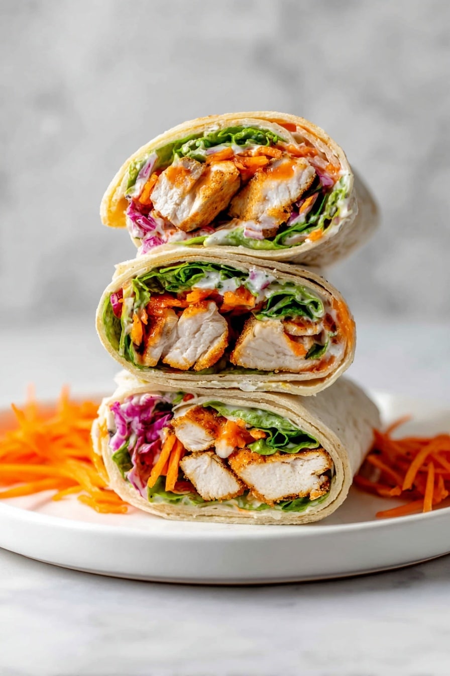 The image shows three halves of a wrap stacked on top of each other on a white plate with a few pieces of shredded orange carrot around. Each wrap has several visible layers: the outer layer is a soft, light beige tortilla, inside is a bright green lettuce leaf, then a layer of grilled white chicken pieces with an orange sauce, thin slices of red onion, shredded orange carrot, and some white sauce drizzled inside. The wraps are neatly rolled and cut to show the colorful layers inside. The background is a white marbled texture. Photo taken with an iphone --ar 2:3 --v 7 - Buffalo Chicken Wraps, Buffalo Chicken Wraps recipe, spicy chicken wraps, easy lunch wraps, game day chicken wraps