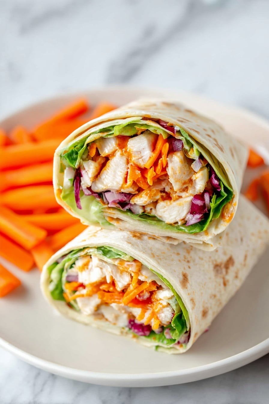 Two wrap halves are placed side by side on a white plate with small orange carrot sticks scattered around. Each wrap shows clear layers starting with a light tortilla on the outside, next a layer of fresh green lettuce, followed by chunks of white chicken mixed with orange sauce, bright orange shredded carrots, and pieces of red onion. The wraps are cut cleanly, exposing the colorful and fresh filling inside. The plate is set on a white marbled surface. Photo taken with an iphone --ar 2:3 --v 7 - Buffalo Chicken Wraps, Buffalo Chicken Wraps recipe, spicy chicken wraps, easy lunch wraps, game day chicken wraps
