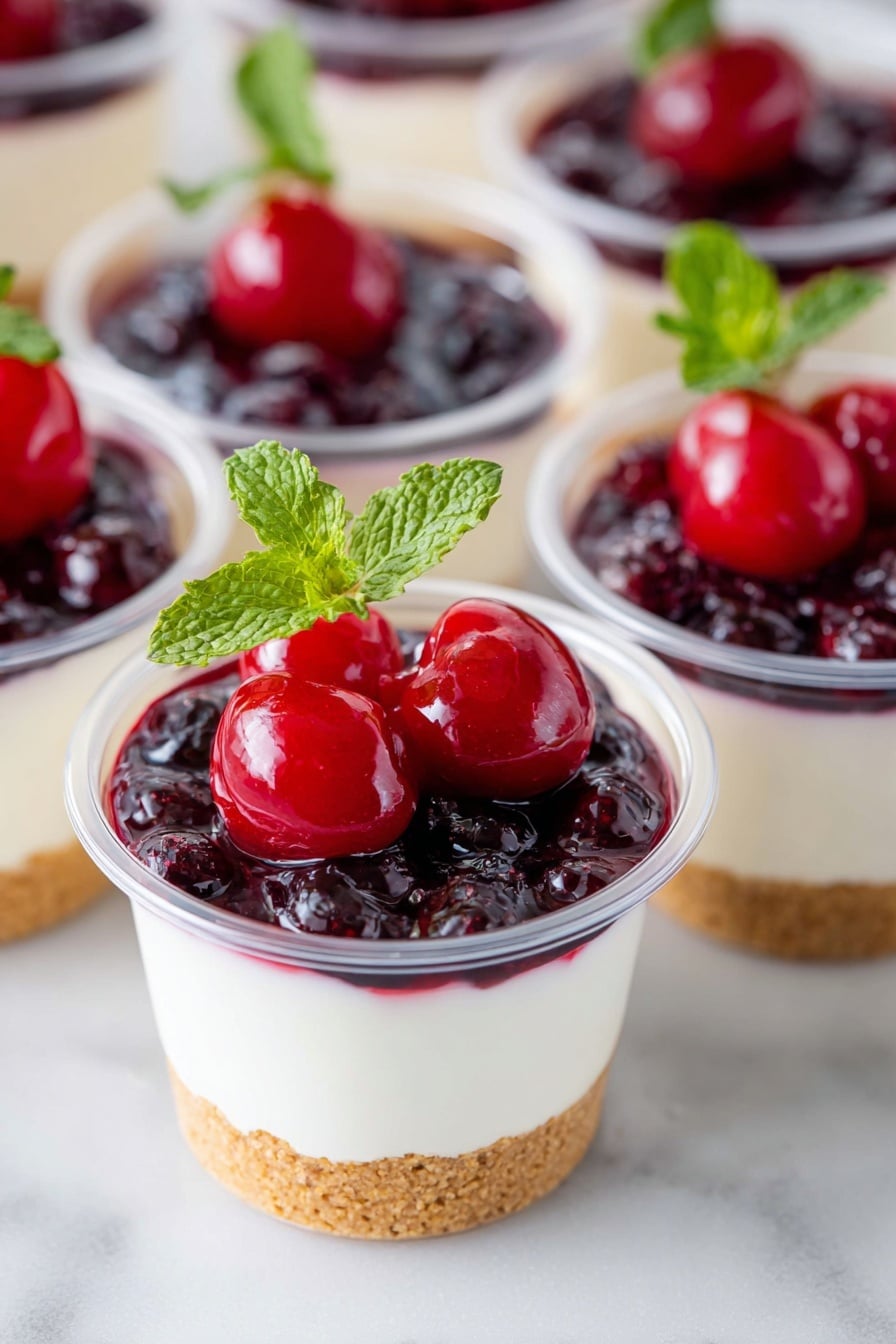 The image shows several clear plastic cups filled with a three-layer dessert. The bottom layer is a crumbly, light brown cookie crust. The middle layer is thick, smooth, and white cream cheese filling. On the top layer, there are either bright red cherry topping or dark purple blueberry topping with a shiny texture. Each cup is garnished with a small fresh green mint leaf on top. All cups are placed on a white marbled surface. photo taken with an iphone --ar 2:3 --v 7 - No-Bake Cheesecake Cups, easy cheesecake desserts, no-bake dessert recipes, creamy cheesecake cups, quick no-bake treats